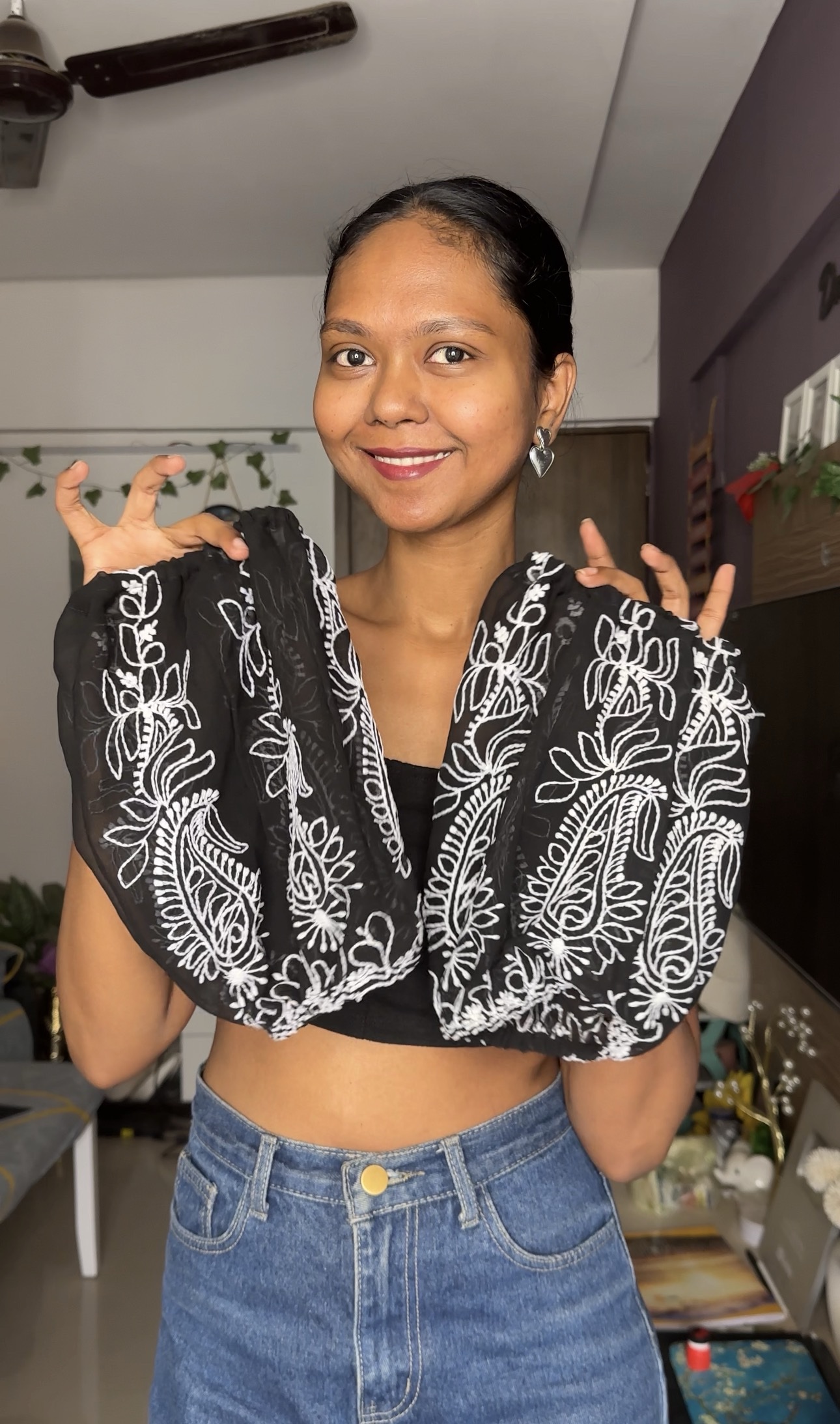 Black Georgette Chikankari Work Puff Sleeves