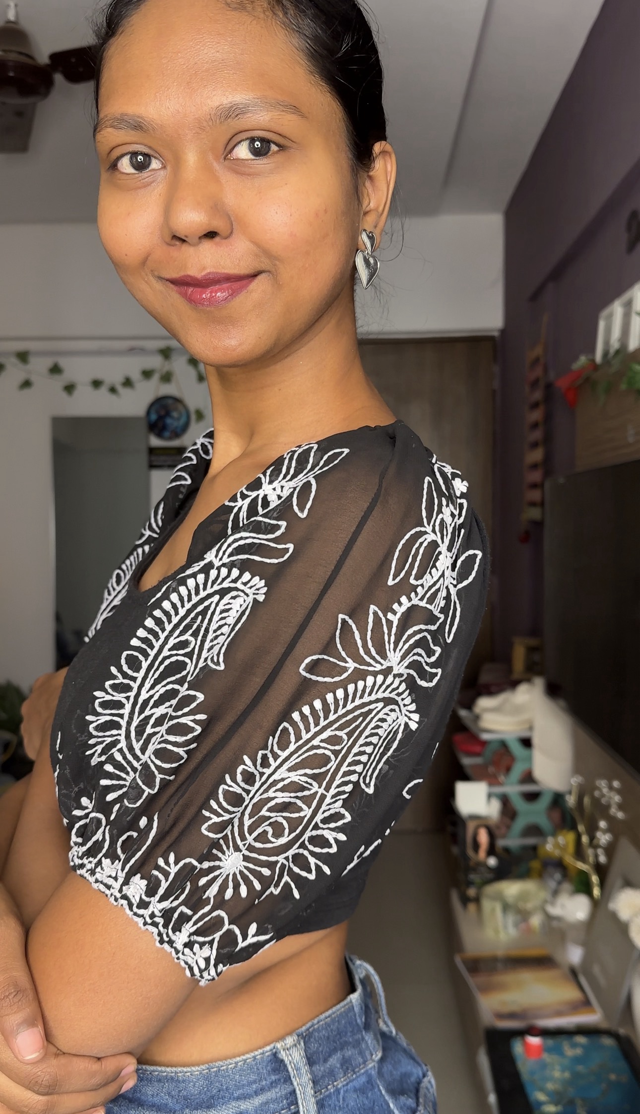 Black Georgette Chikankari Work Puff Sleeves