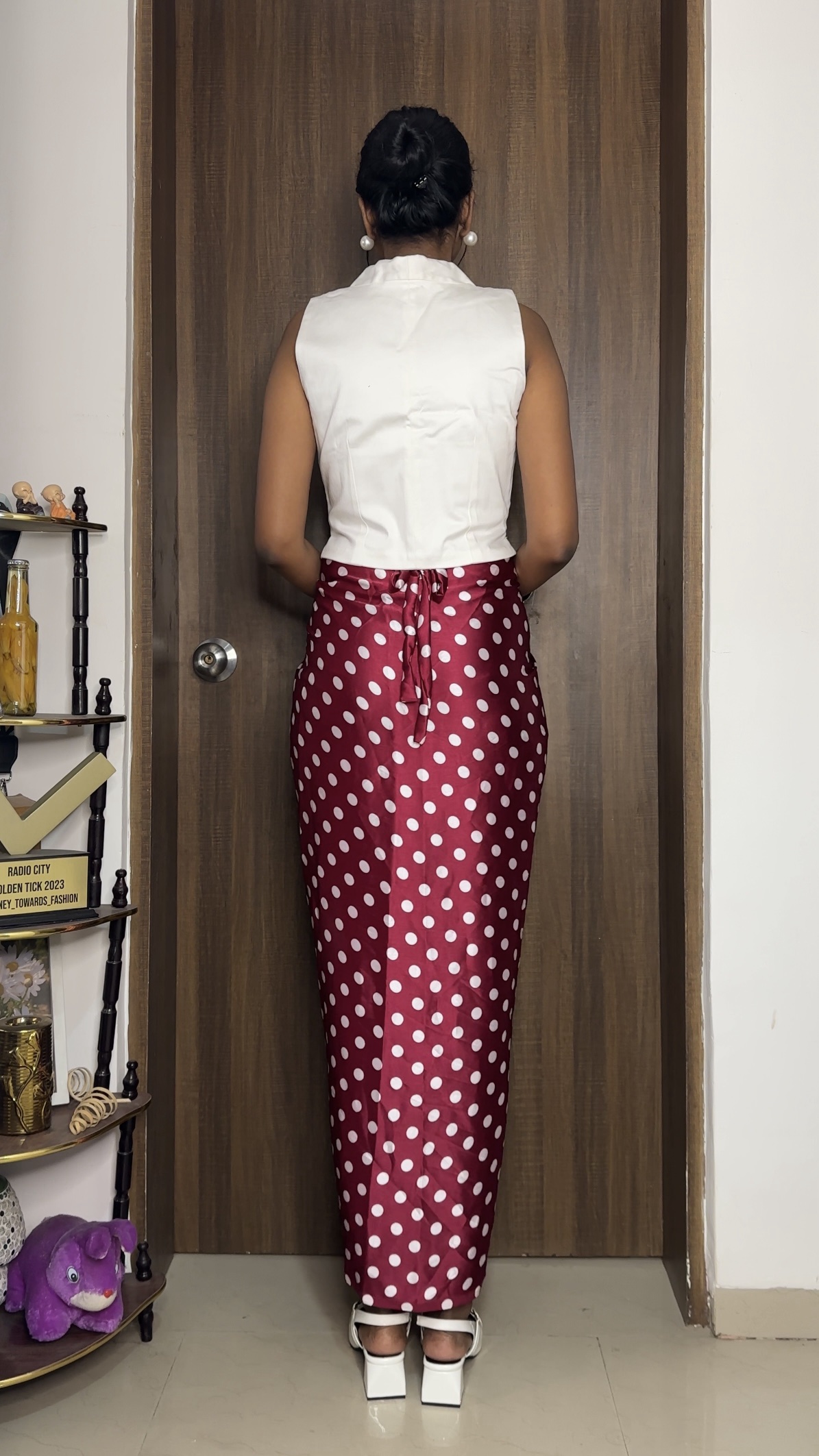 Maroon Polka Dots print satin multiway skirt
