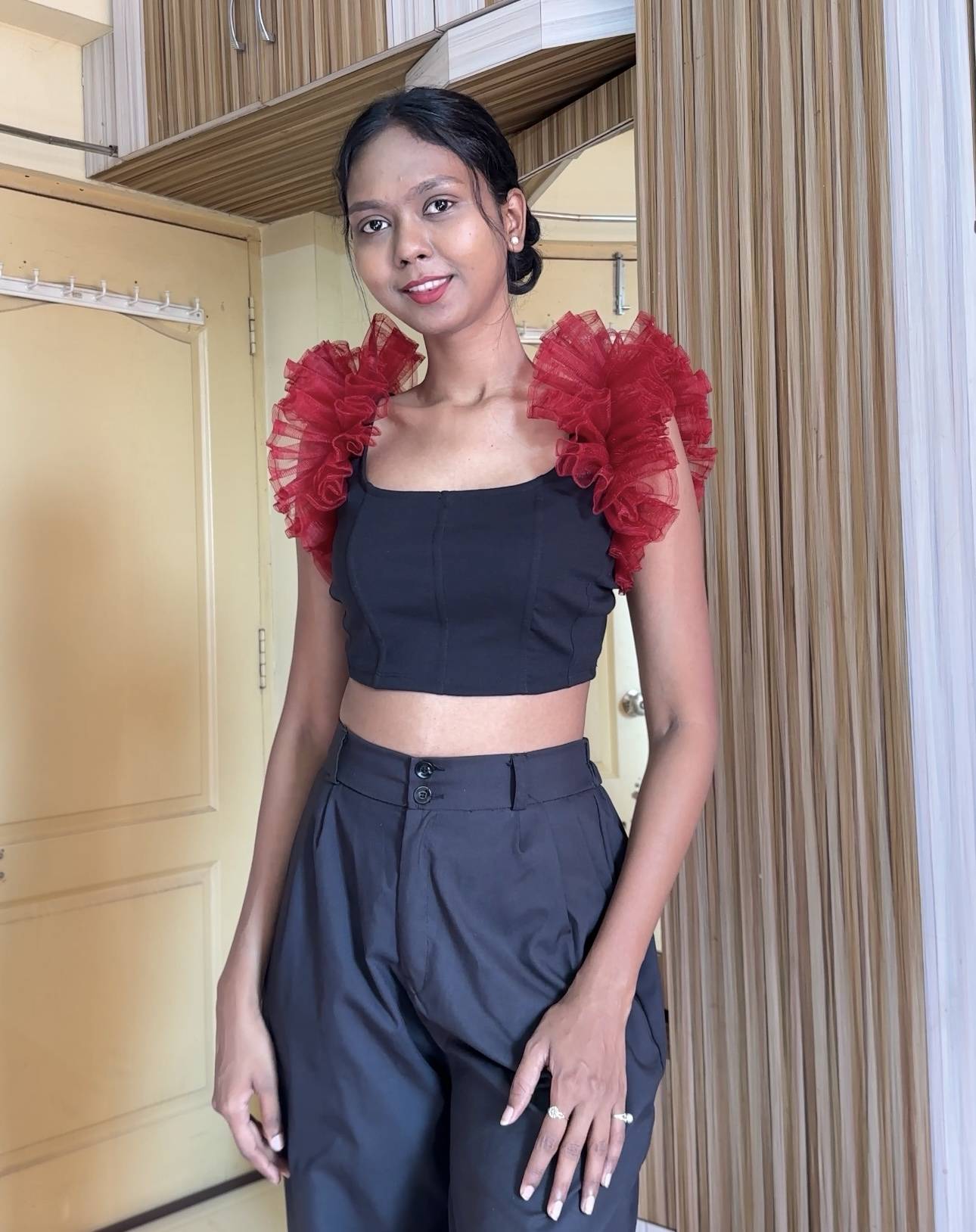 Maroon Net Ruffle Sleeves