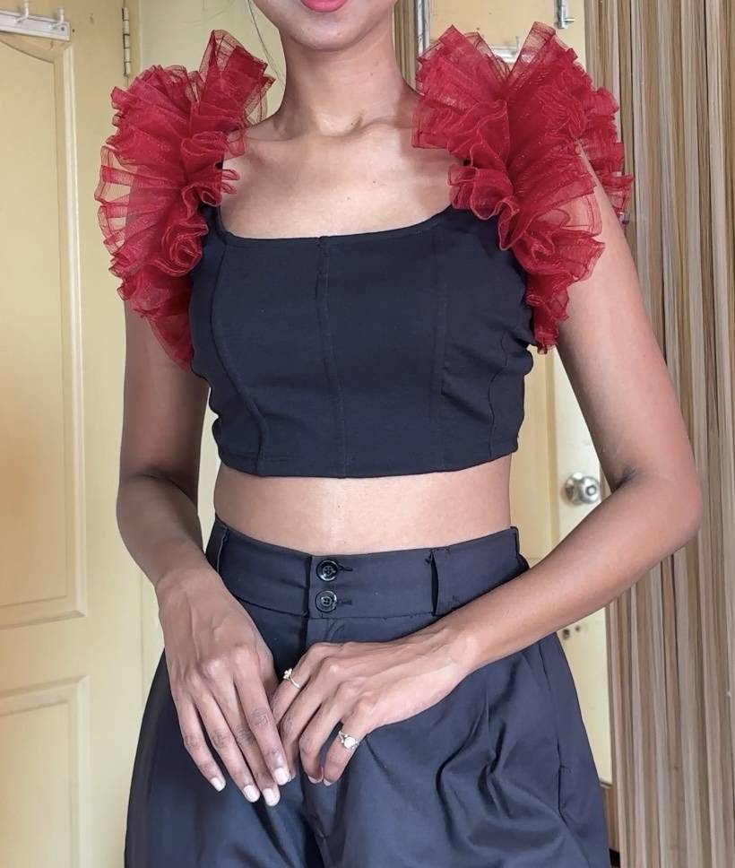 Maroon Net Ruffle Sleeves