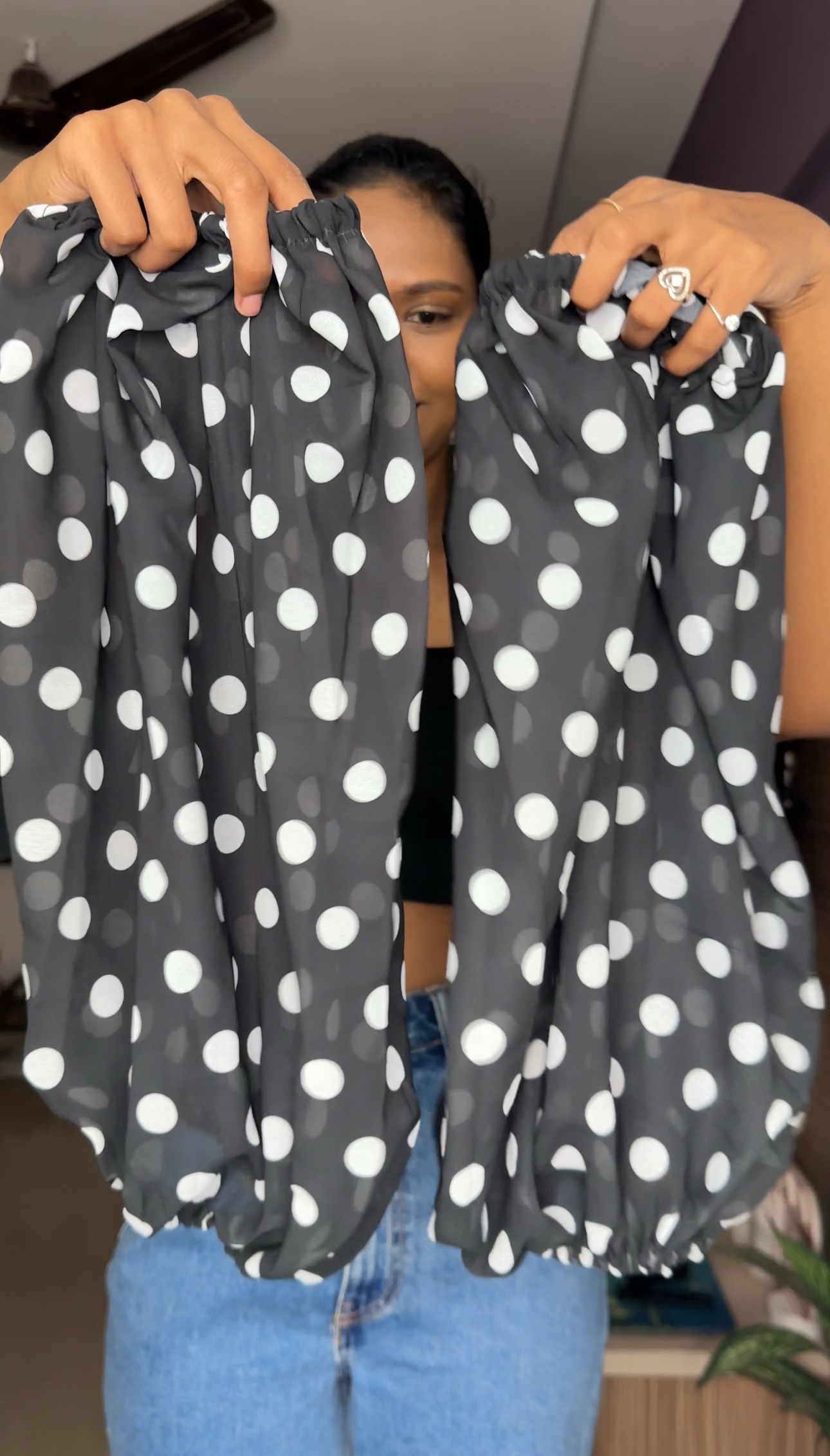 Black Georgette Polka Dot Puff Sleeves