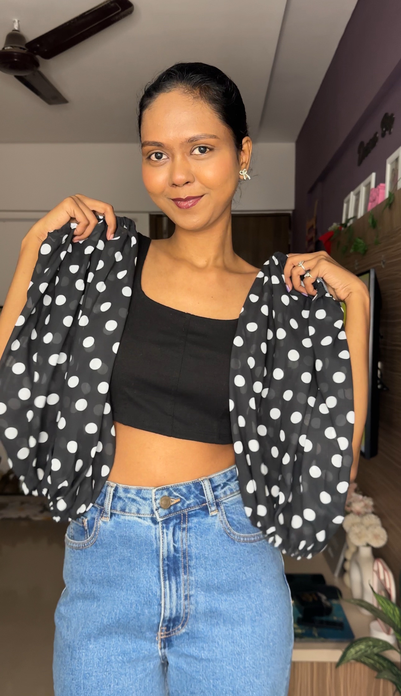Black Georgette Polka Dot Puff Sleeves