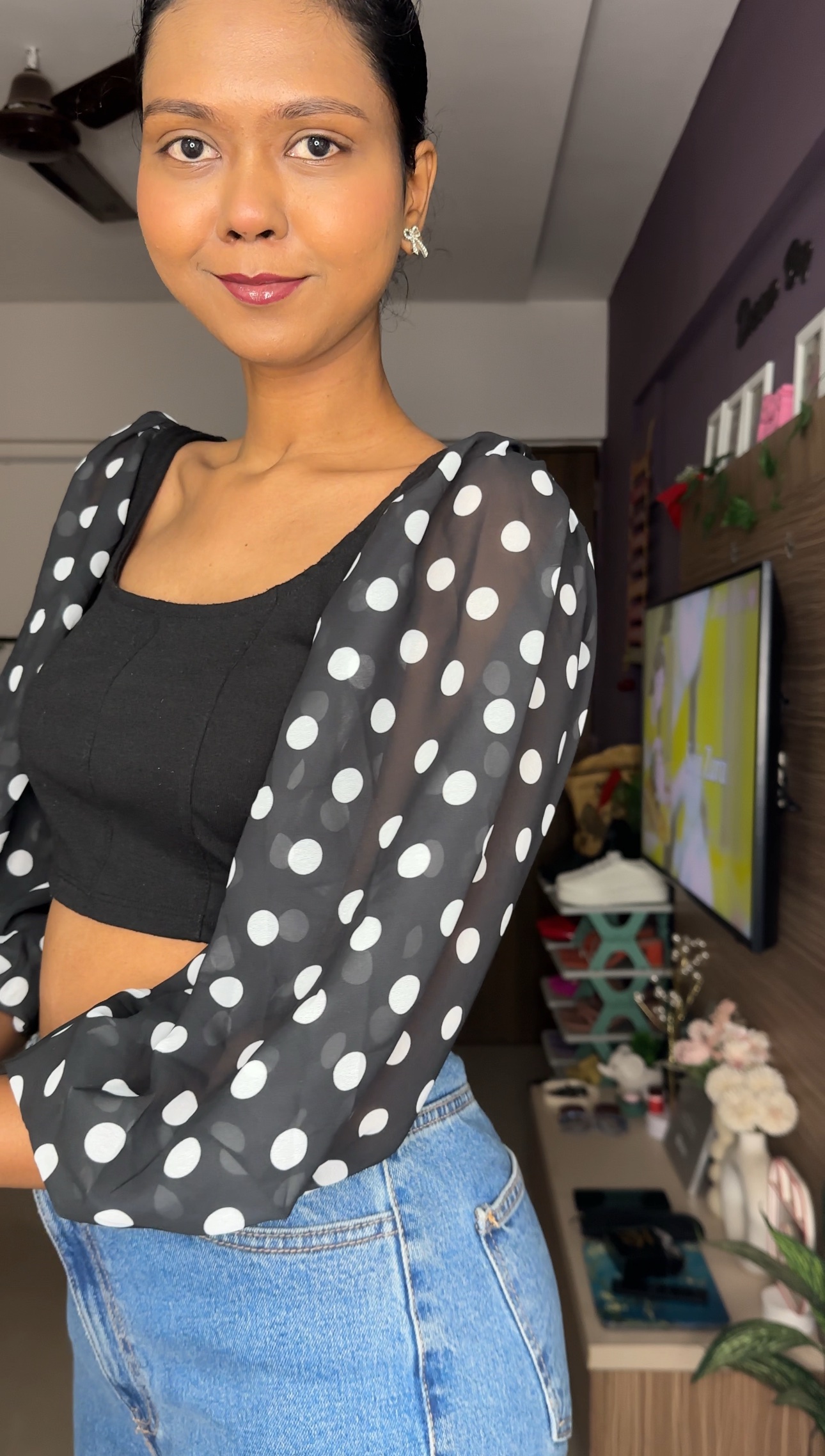 Black Georgette Polka Dot Puff Sleeves