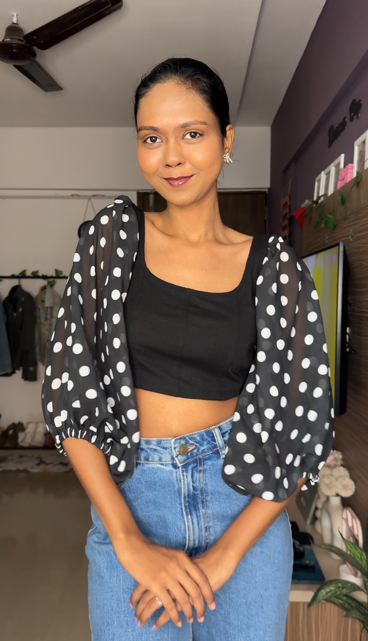Black Georgette Polka Dot Puff Sleeves