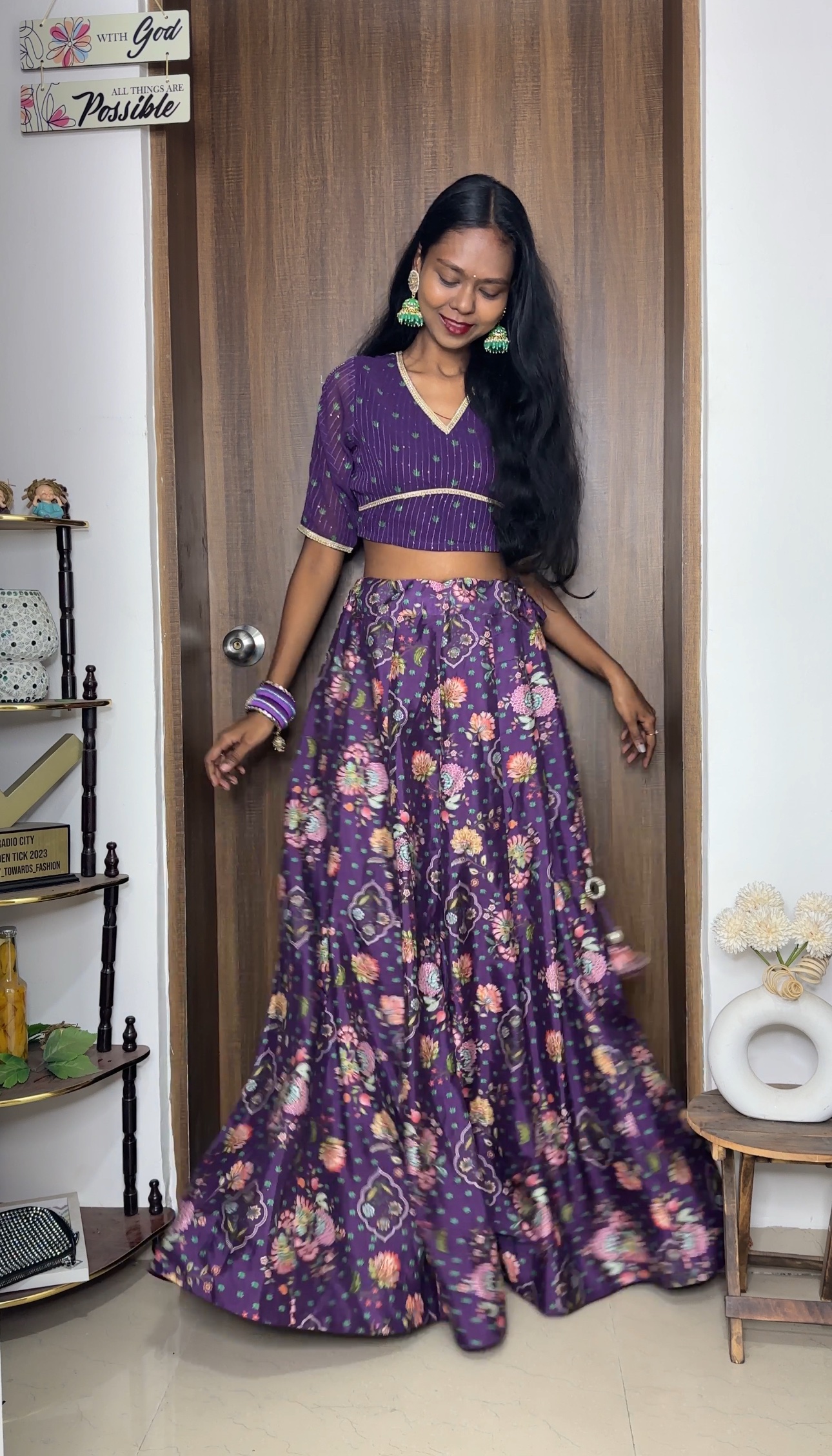 Purple Floral Fully Stitched Lehenga Set