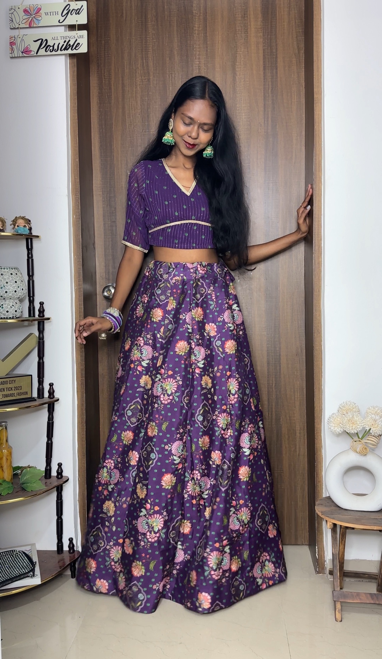 Purple Floral Fully Stitched Lehenga Set