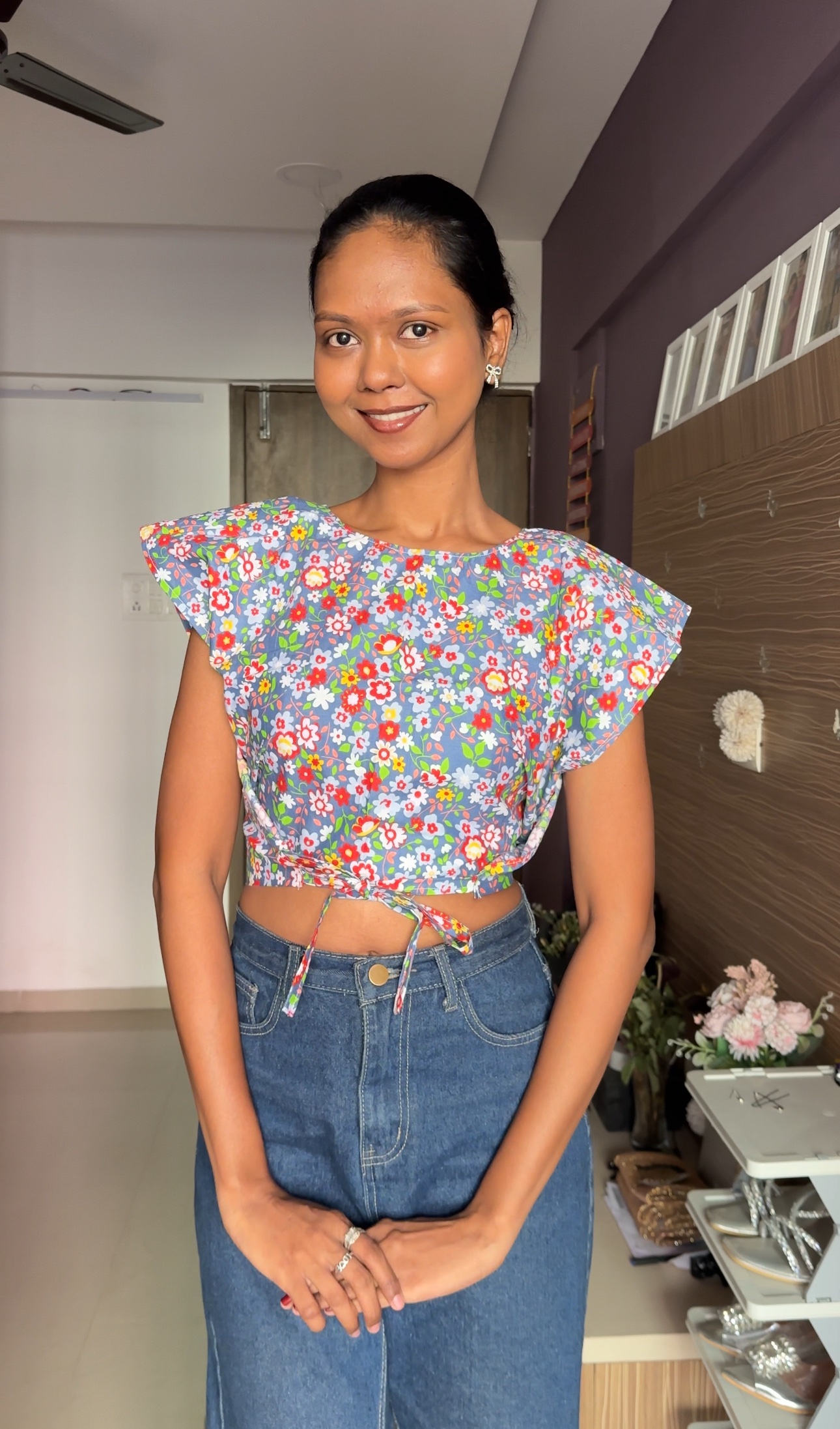 Grey floral Tie-Top