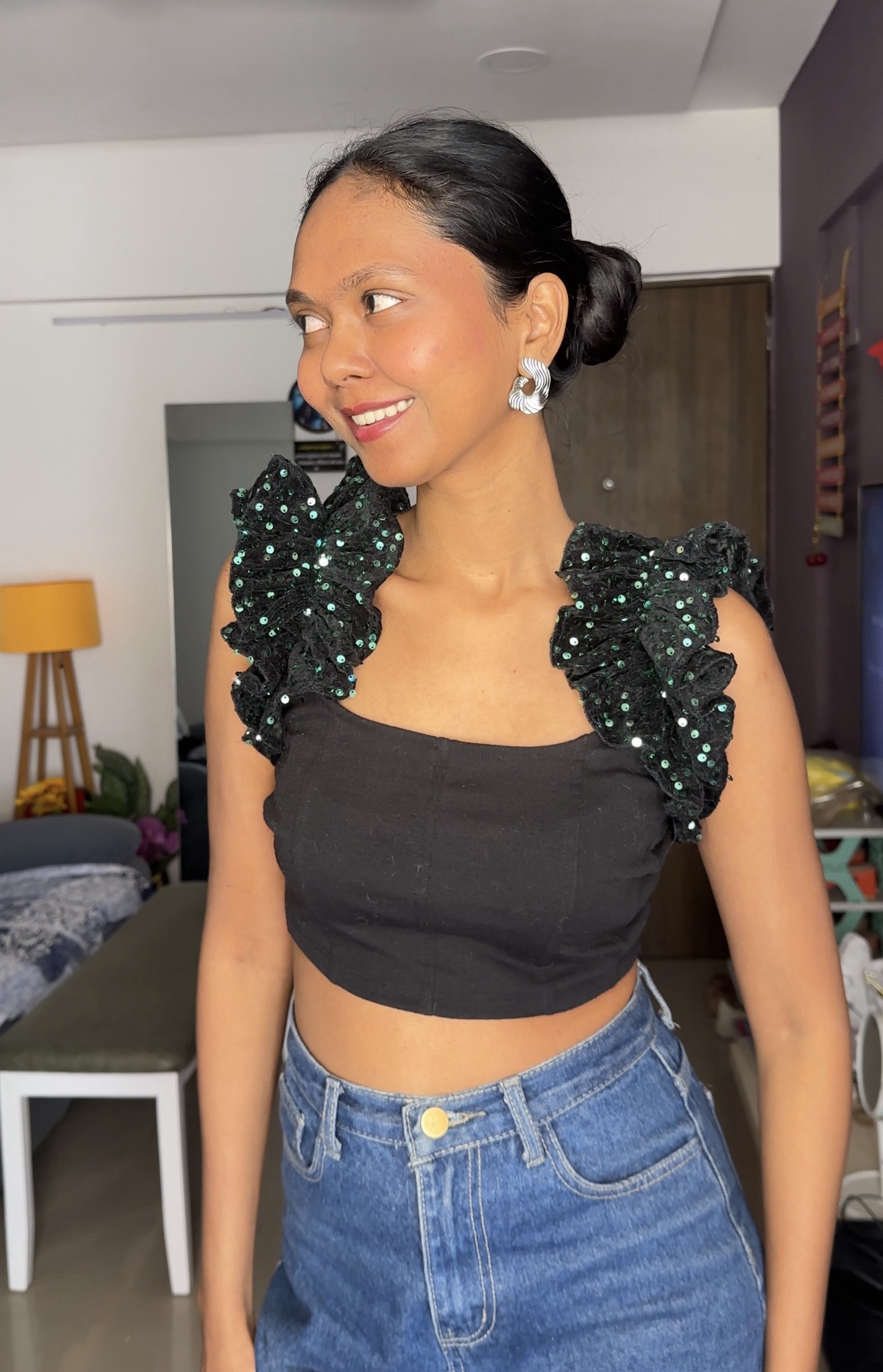 Sequin Green Ruffle Sleeves