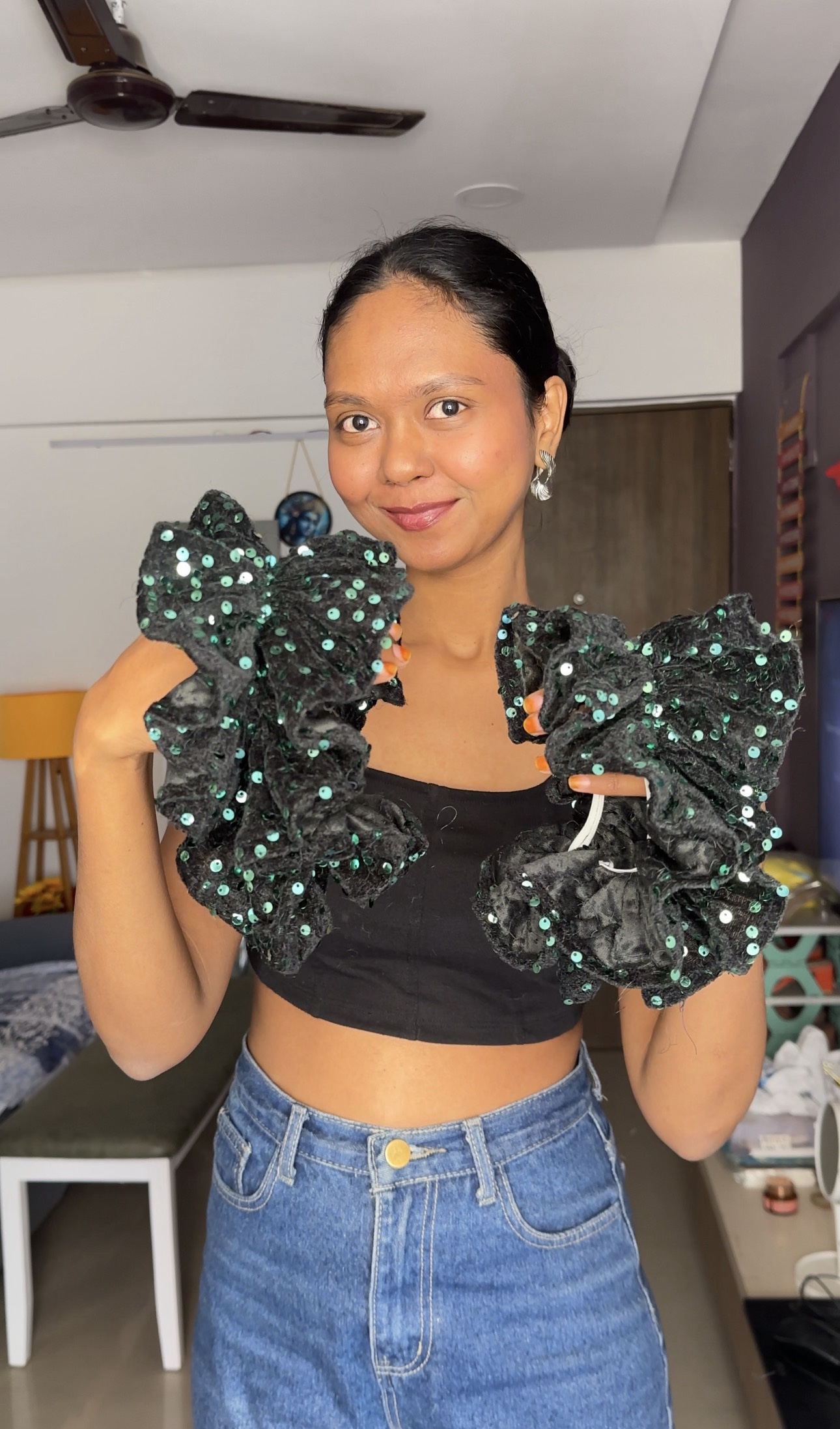 Sequin Green Ruffle Sleeves