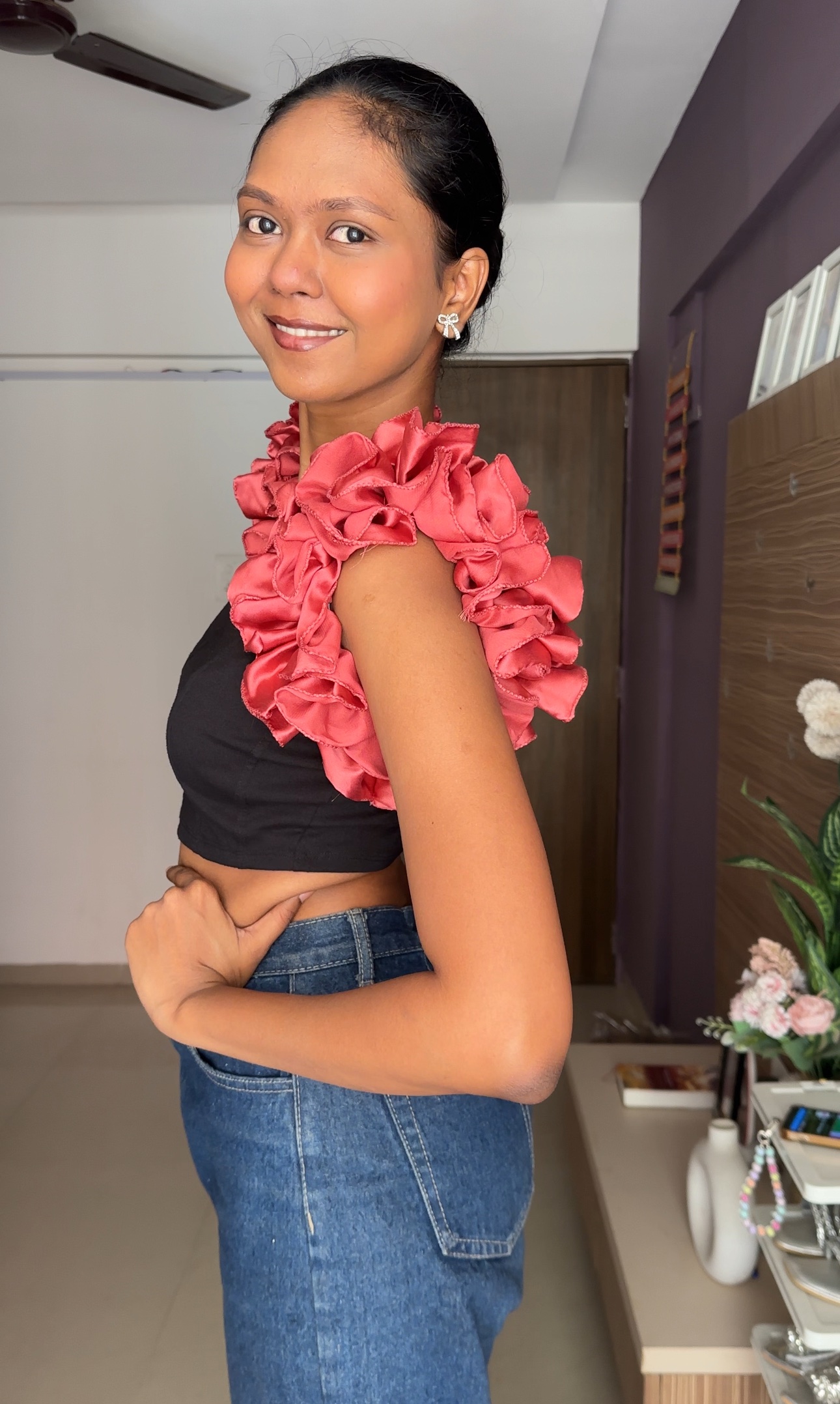 Coral Satin Ruffle Sleeves