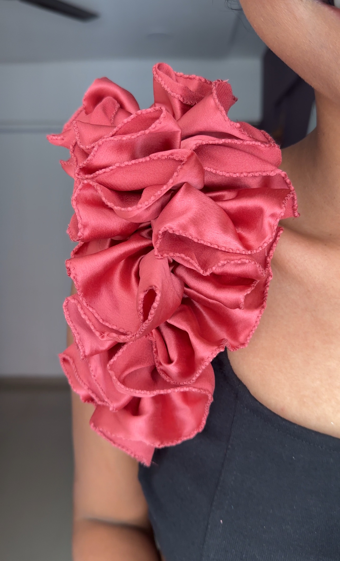 Coral Satin Ruffle Sleeves