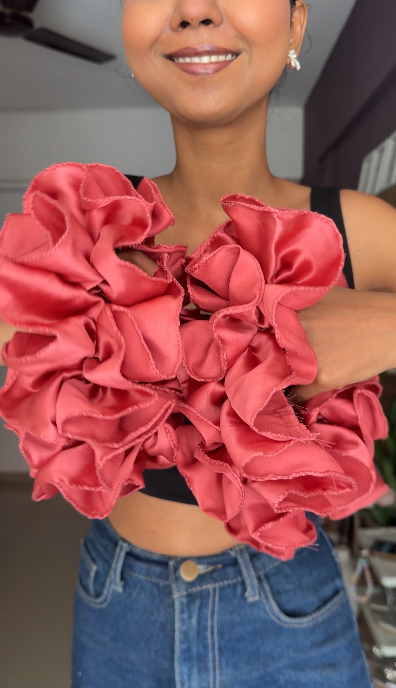 Coral Satin Ruffle Sleeves