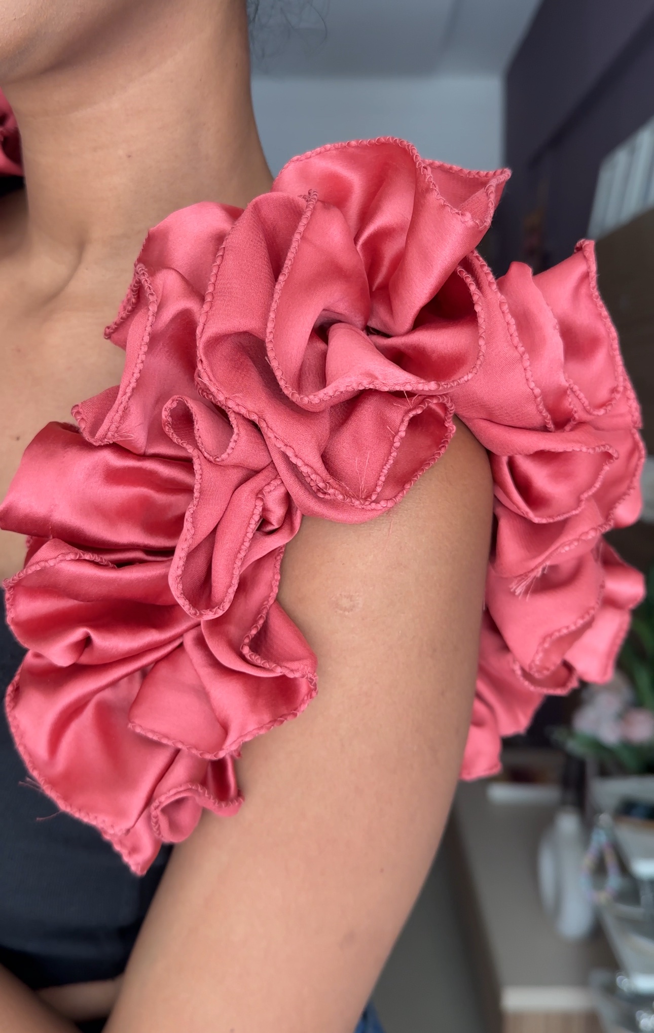 Coral Satin Ruffle Sleeves