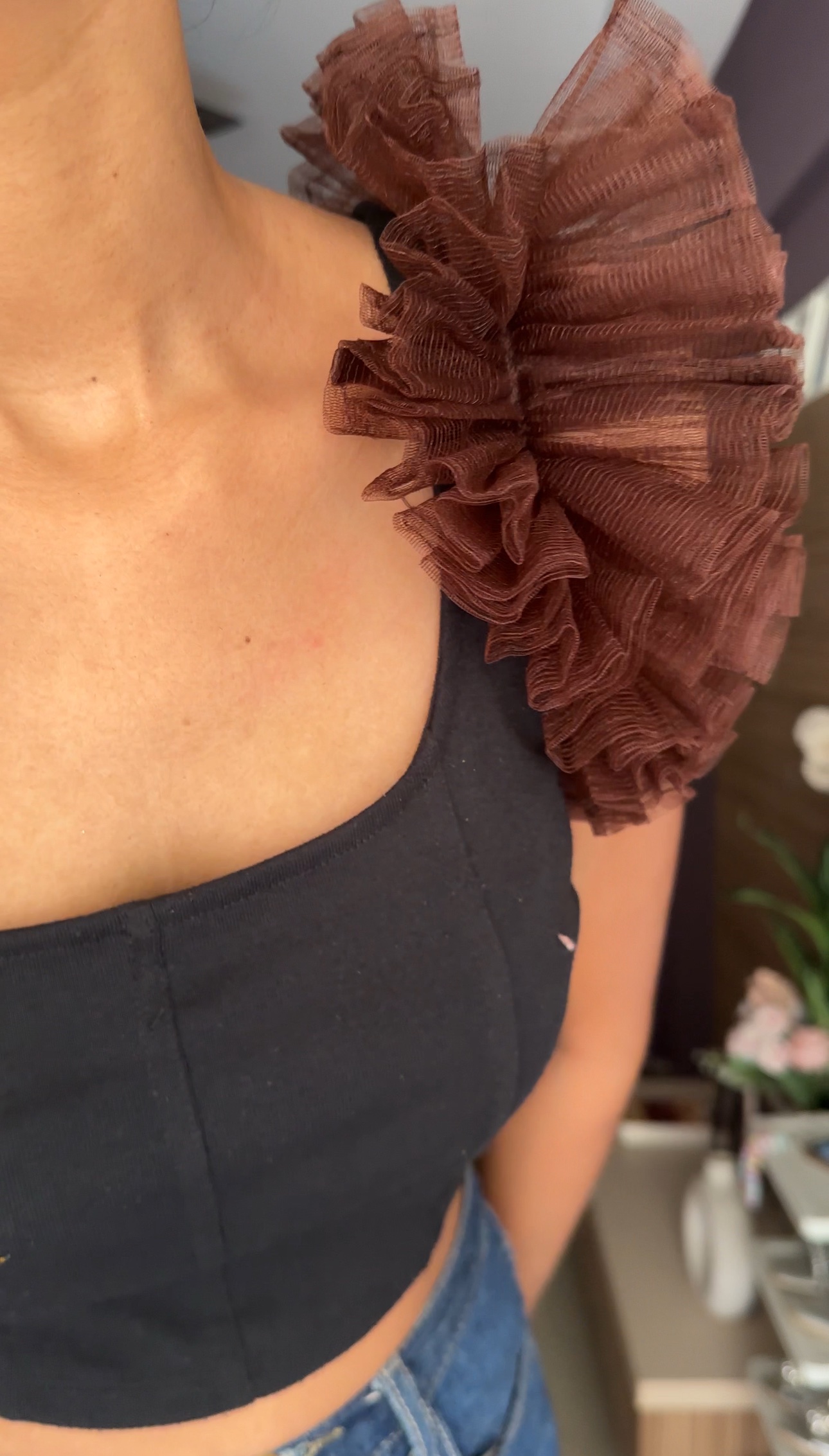 Dark Brown Net Ruffle Sleeves