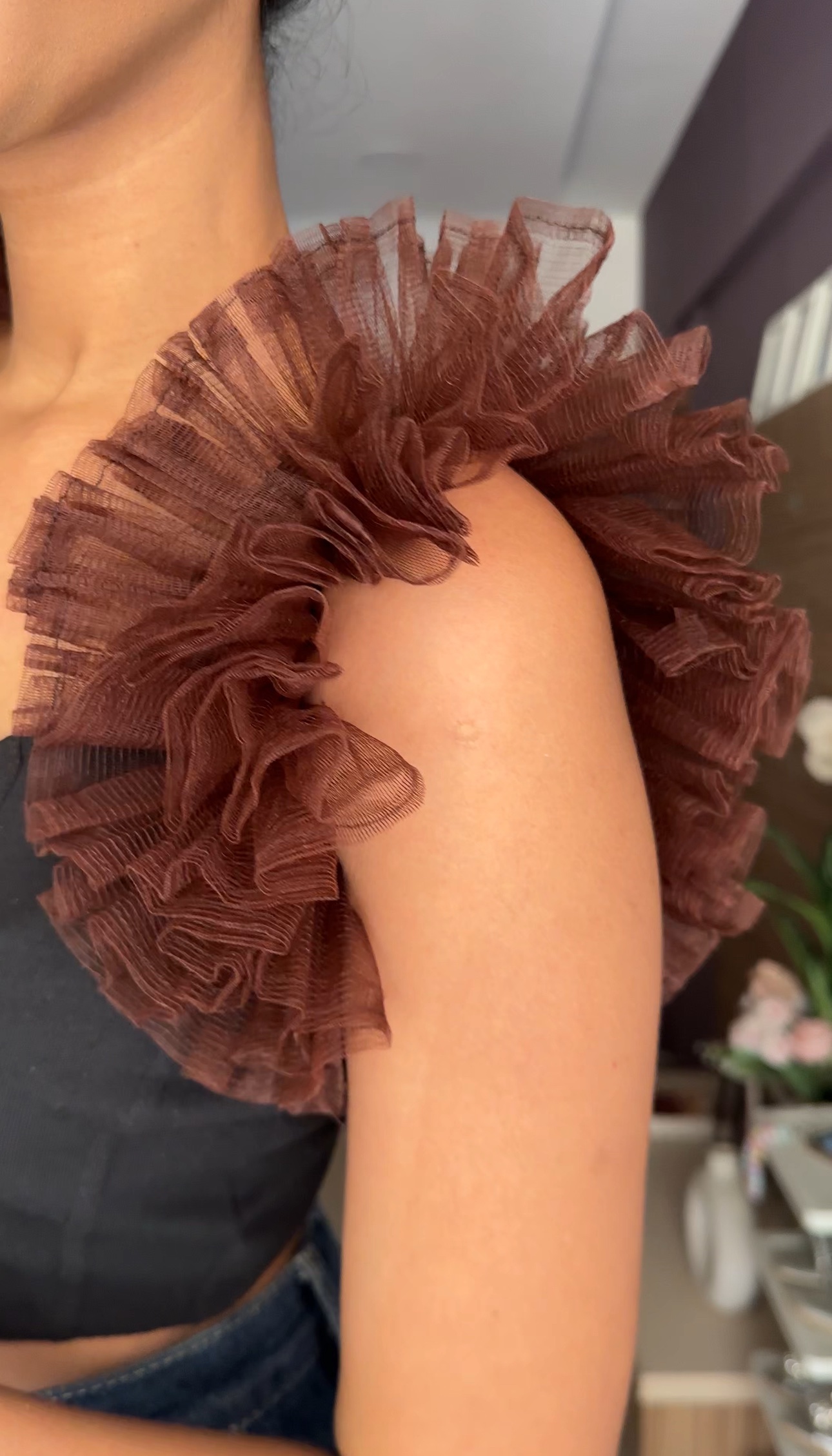 Dark Brown Net Ruffle Sleeves