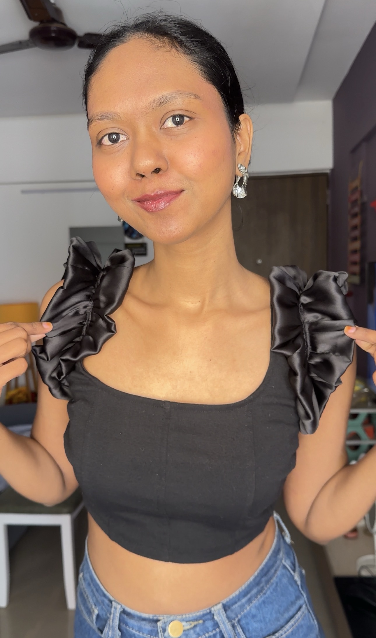 Black satin ruffle sleeves