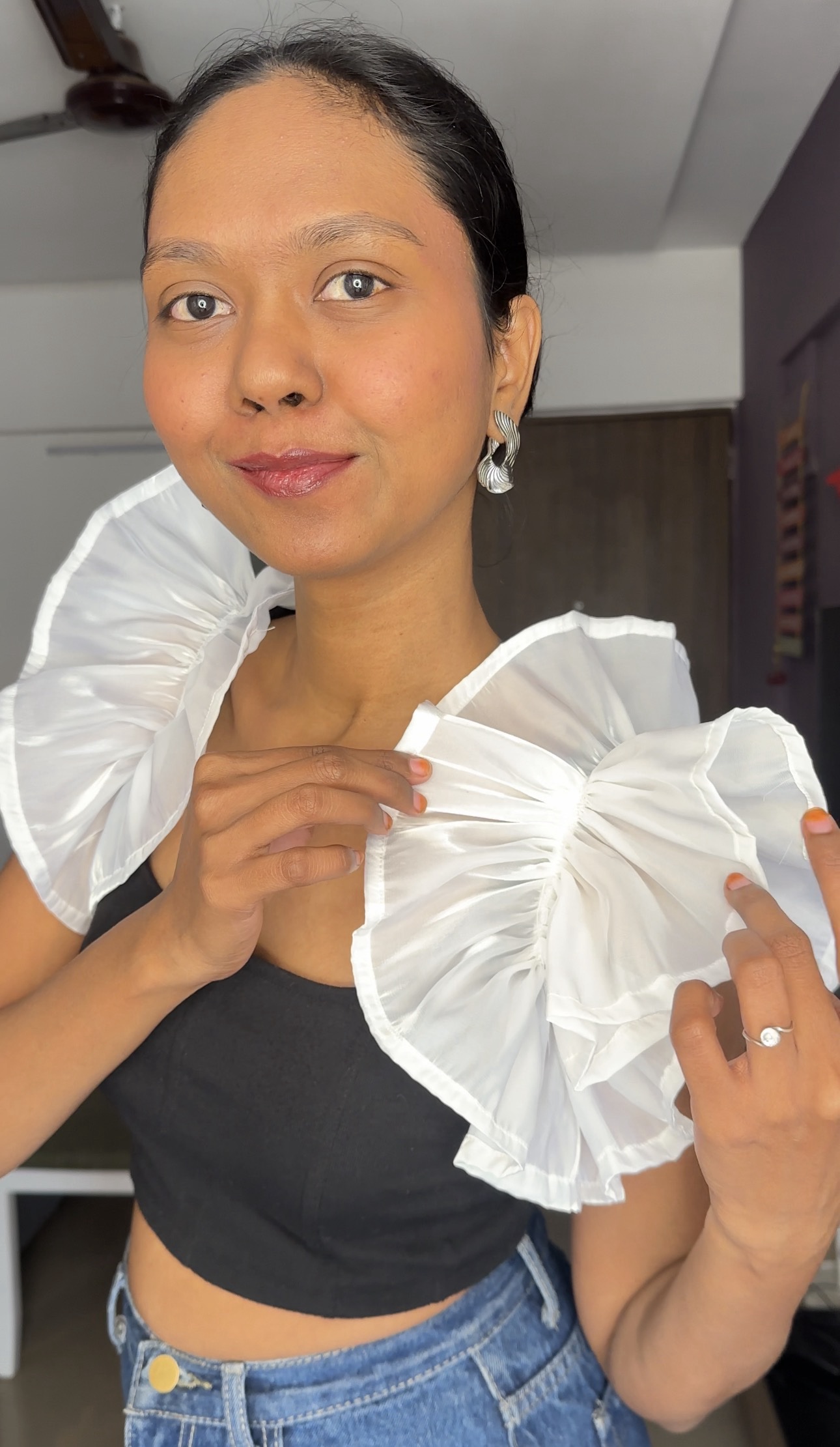 White organza ruffle sleeves