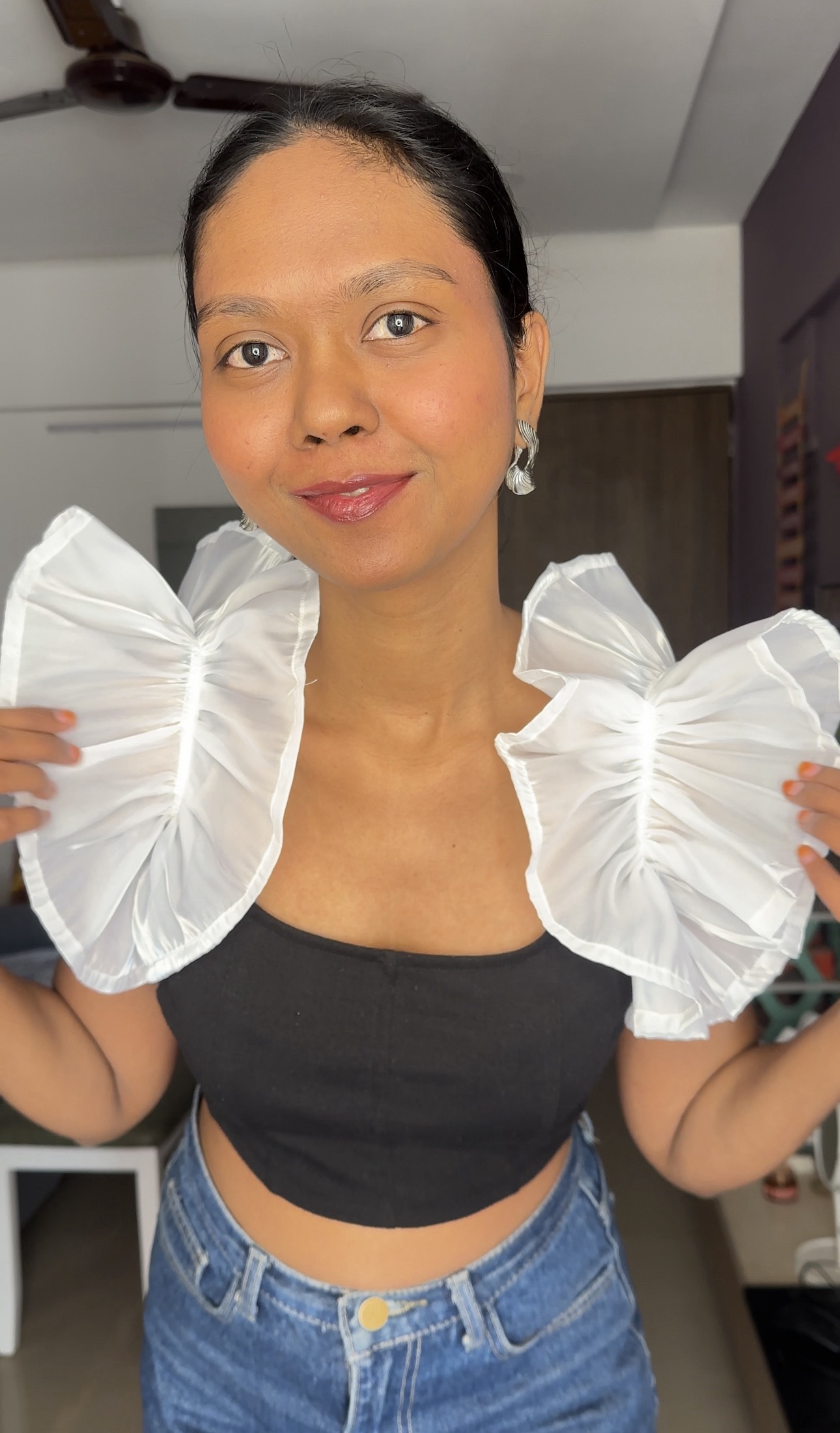 White organza ruffle sleeves