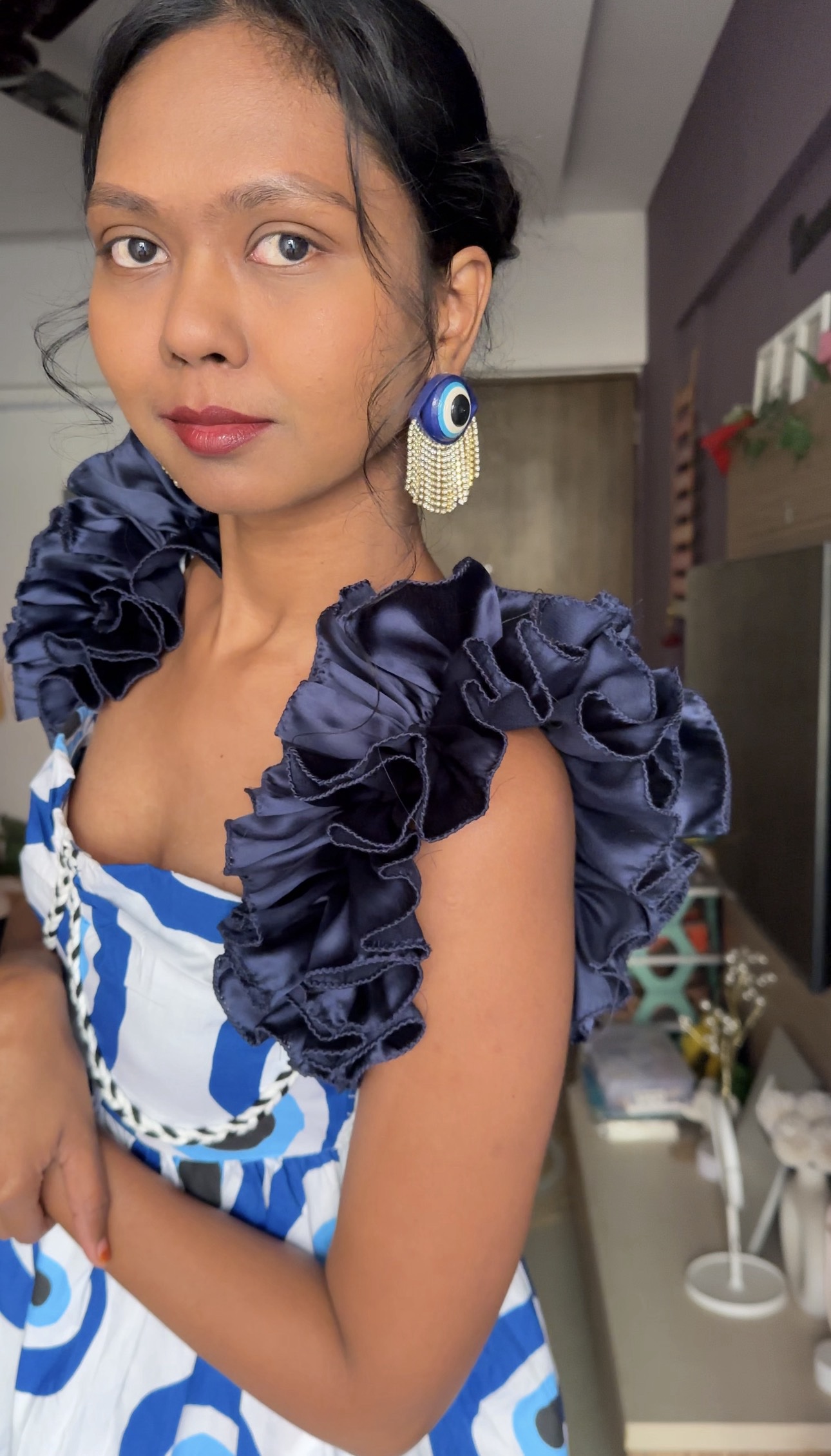 Navy Blue Satin Ruffle Sleeves