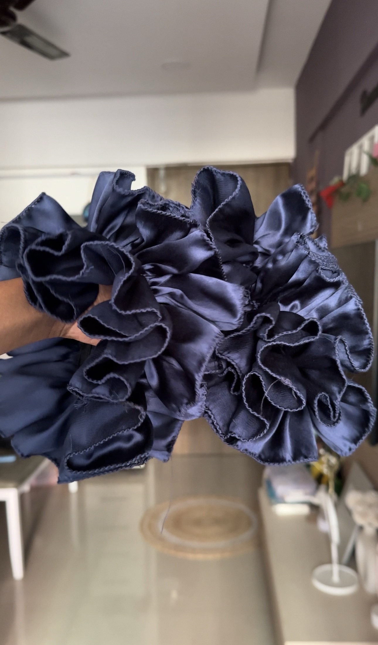 Navy Blue Satin Ruffle Sleeves