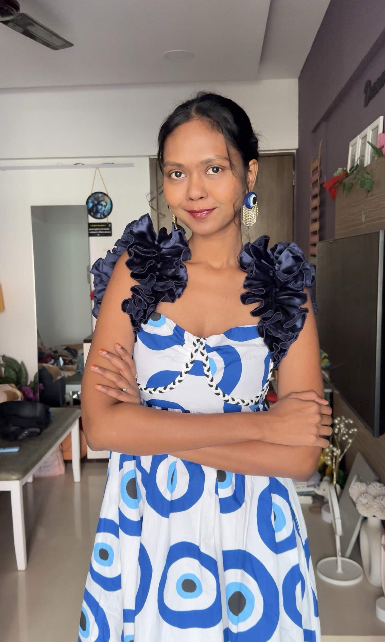 Navy Blue Satin Ruffle Sleeves