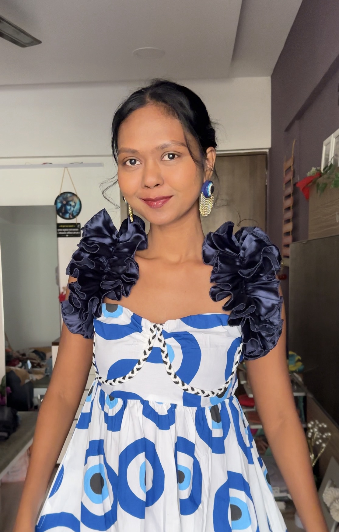 Navy Blue Satin Ruffle Sleeves