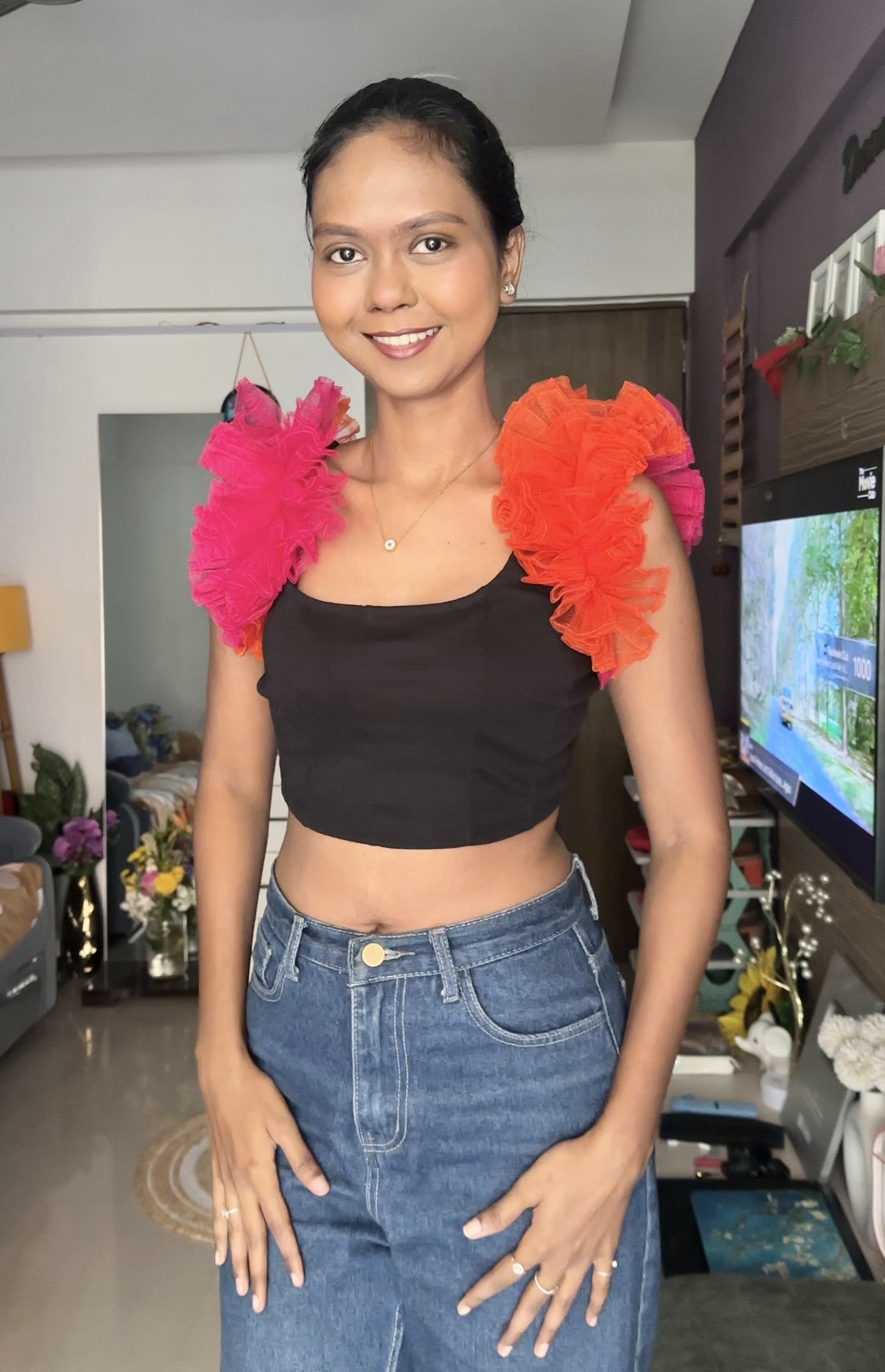 Two colour Detachable Net Ruffle Sleeves ( Orange + Pink )