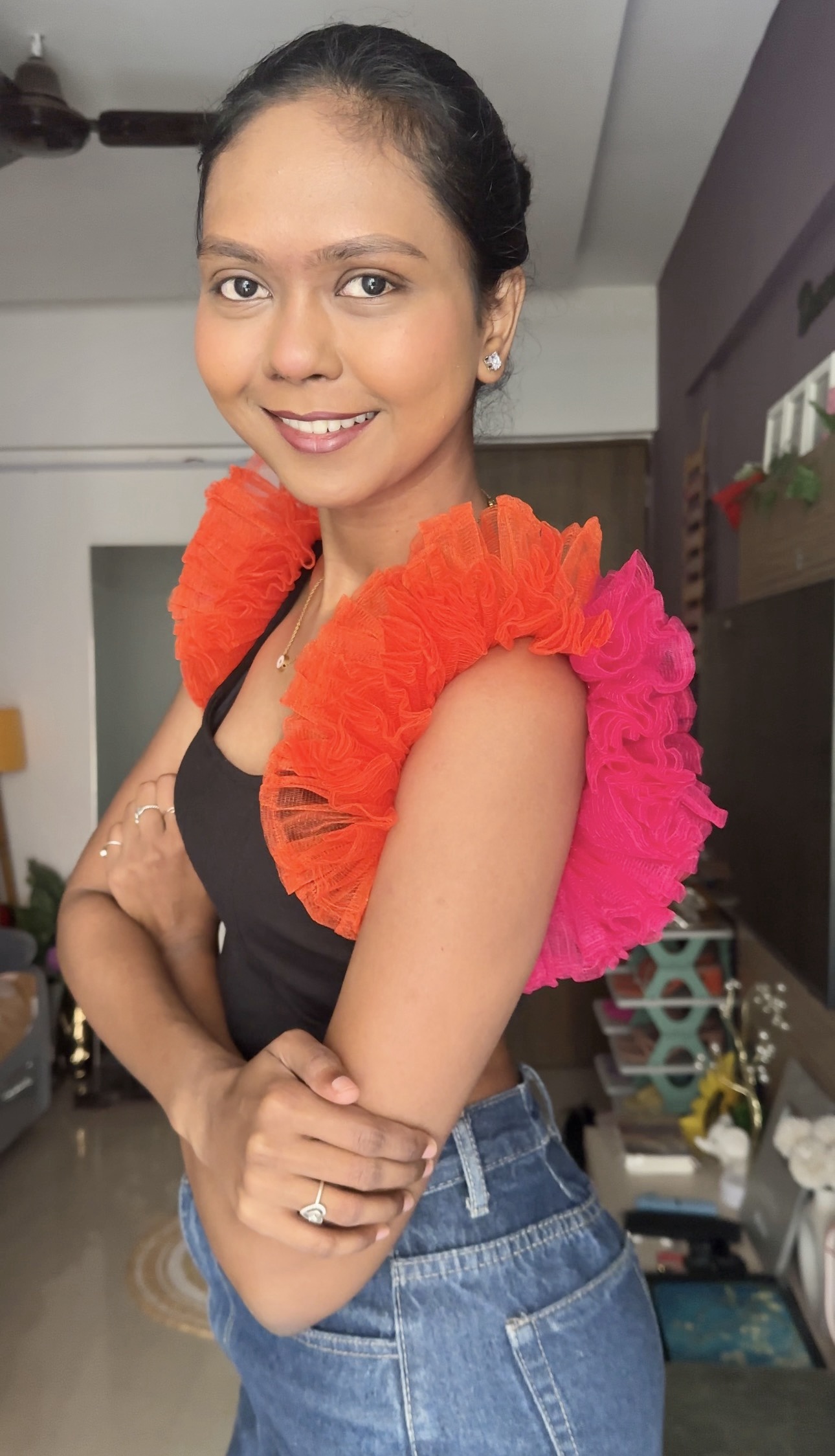 Two colour Detachable Net Ruffle Sleeves ( Orange + Pink )