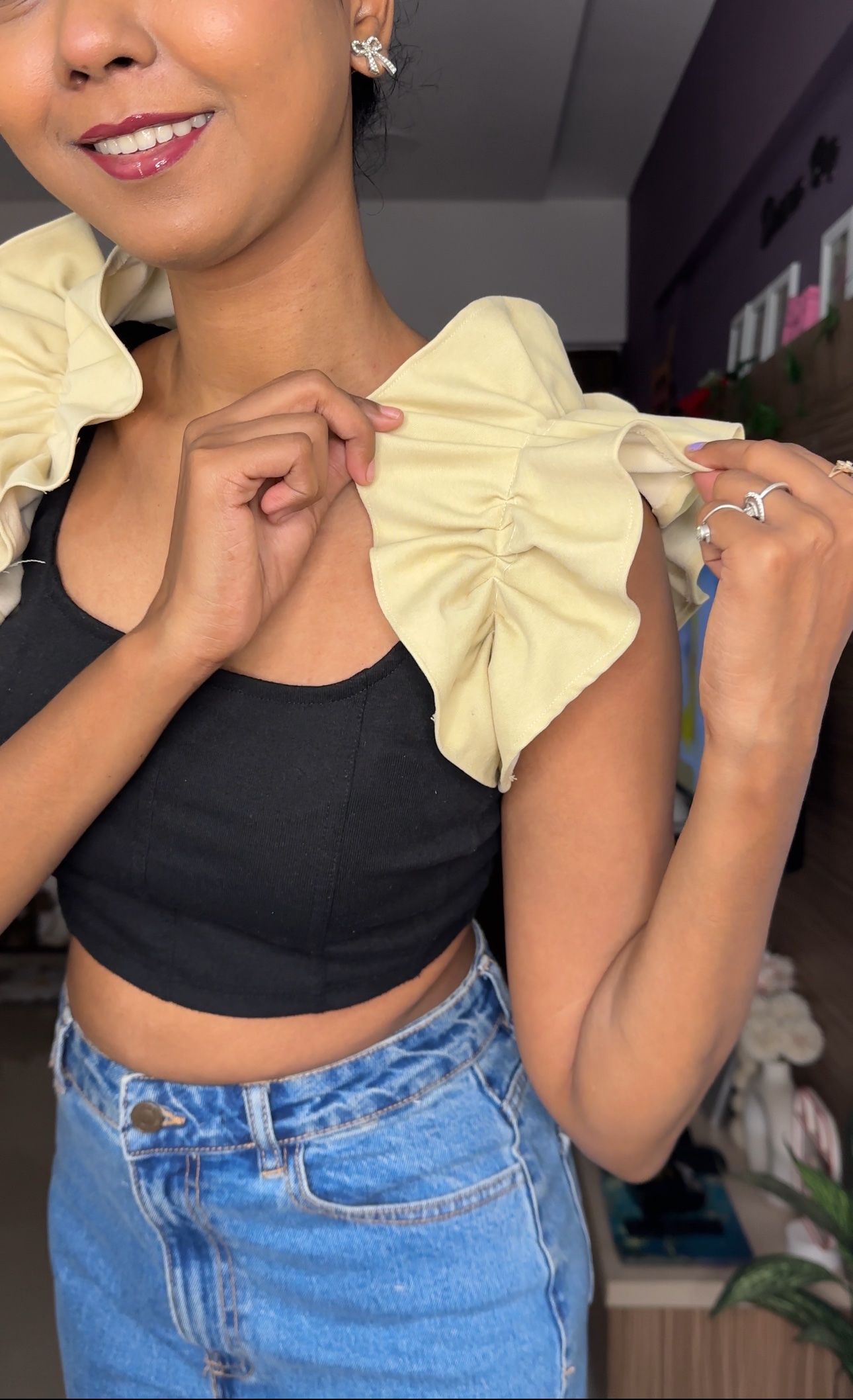 Cream Denim Ruffle Sleeves