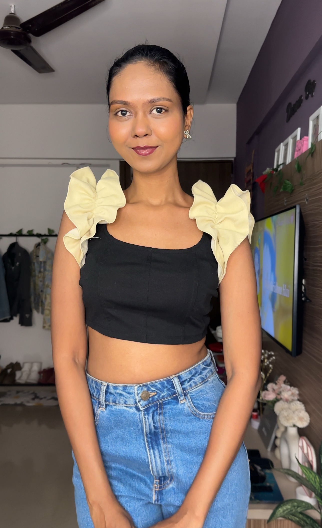 Cream Denim Ruffle Sleeves
