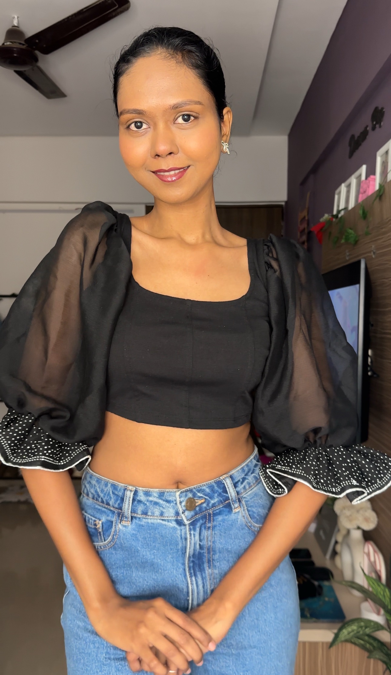 Glitter Black Georgette Puff Sleeves