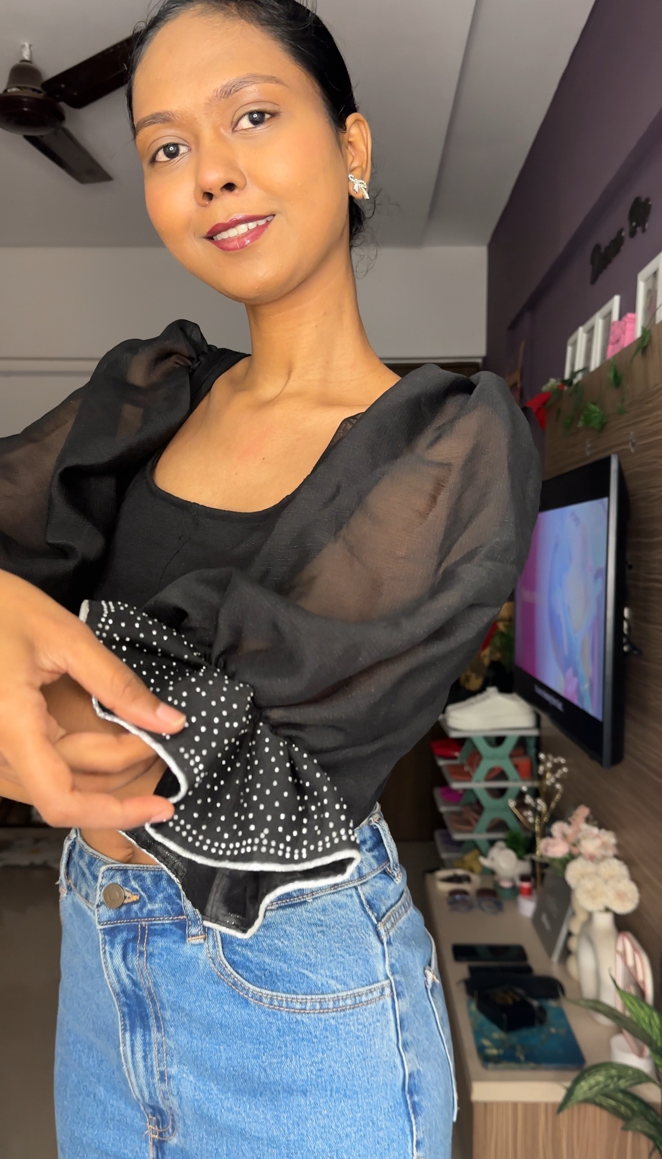 Glitter Black Georgette Puff Sleeves