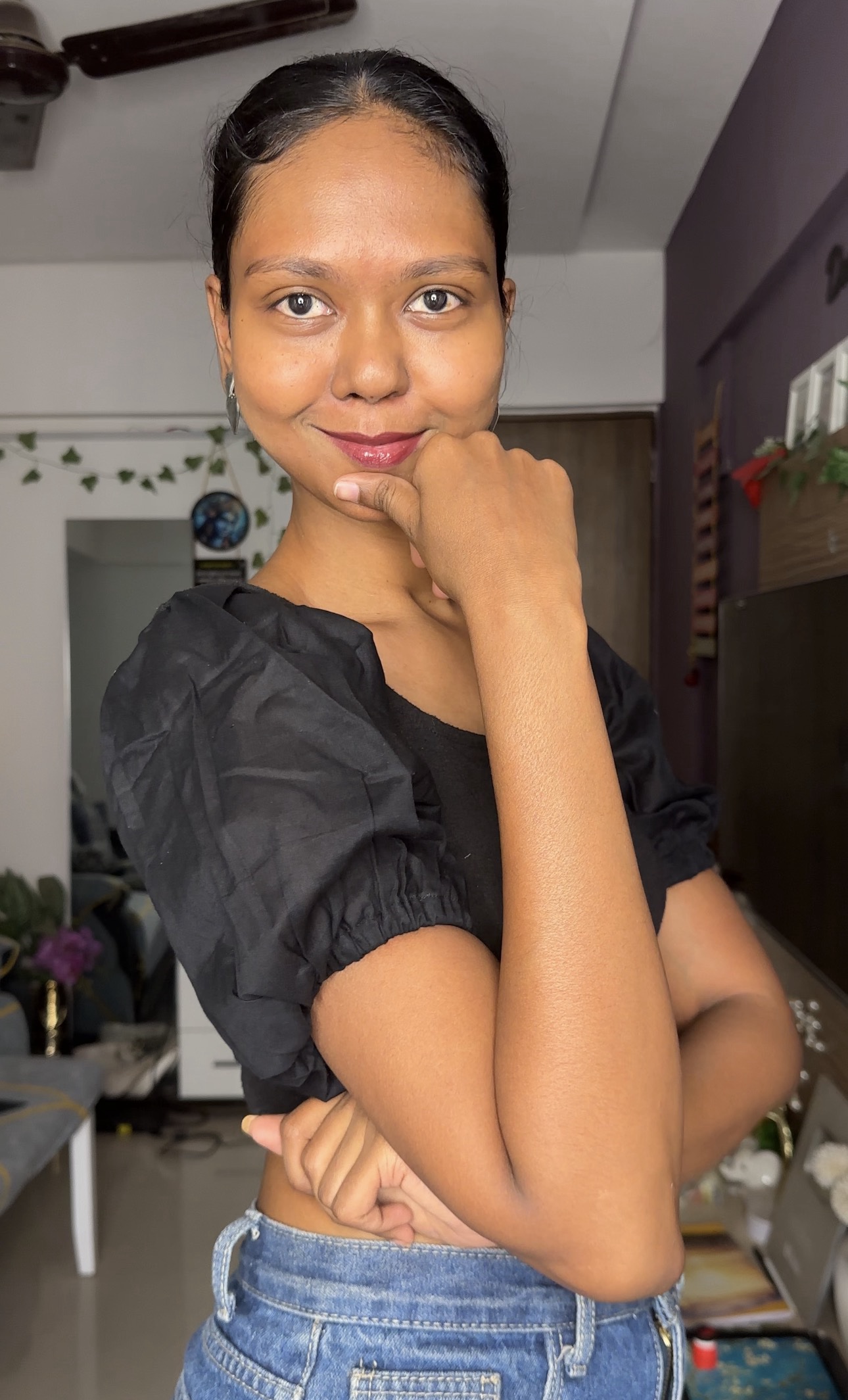 Black Cotton Short Puff Sleeves