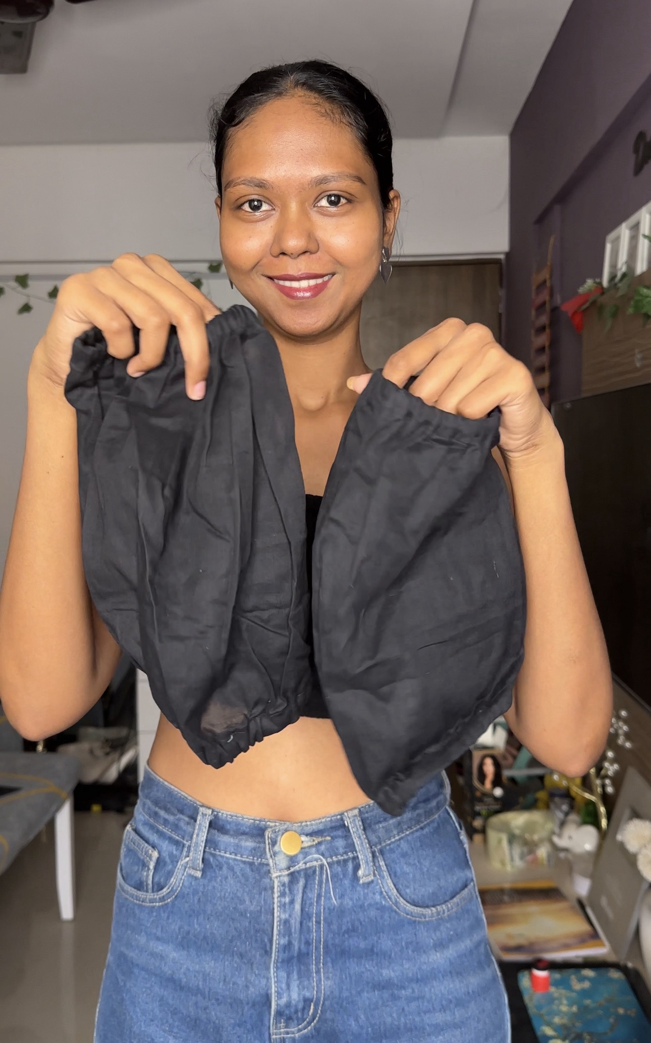 Black Cotton Short Puff Sleeves