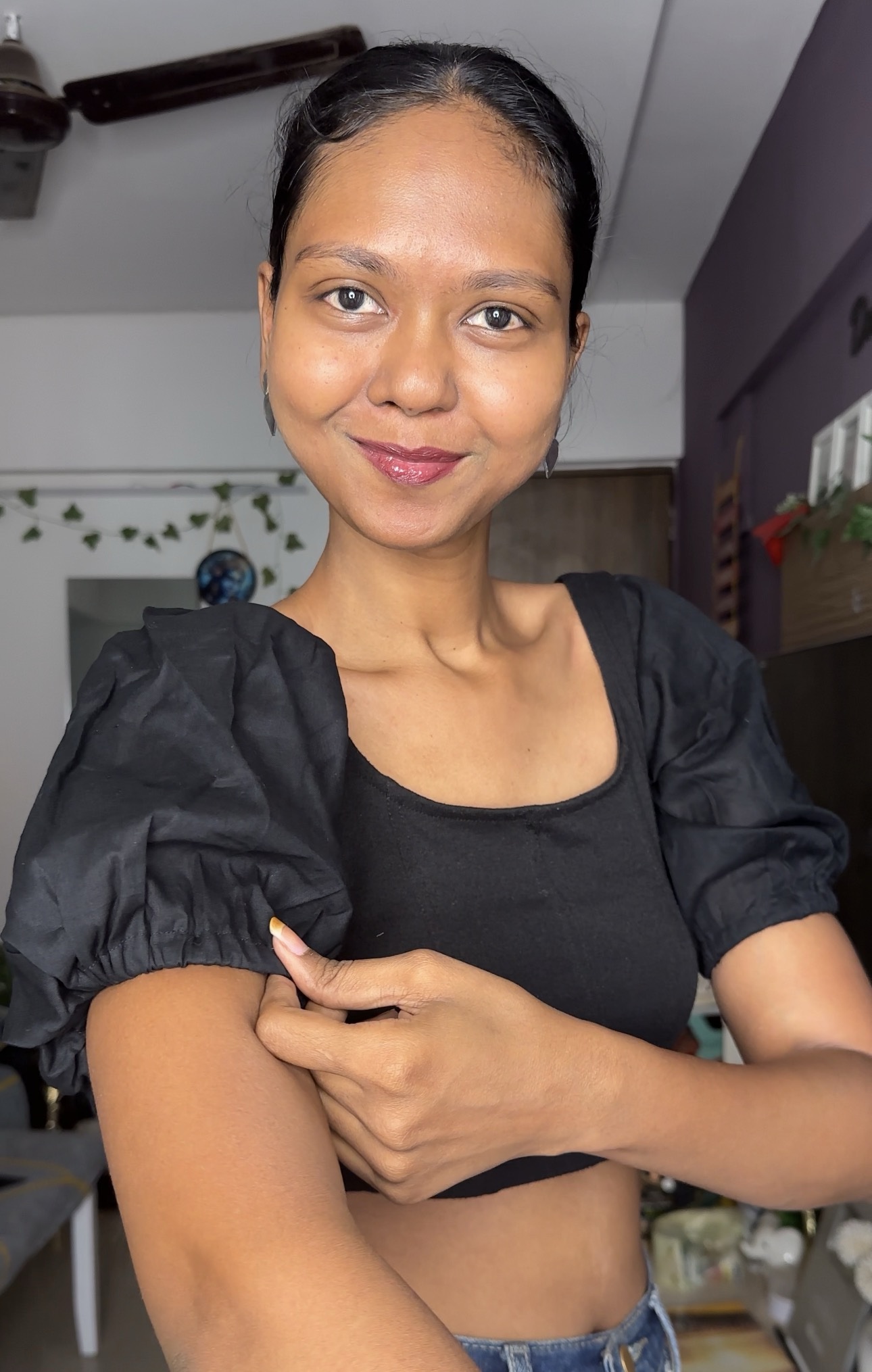 Black Cotton Short Puff Sleeves