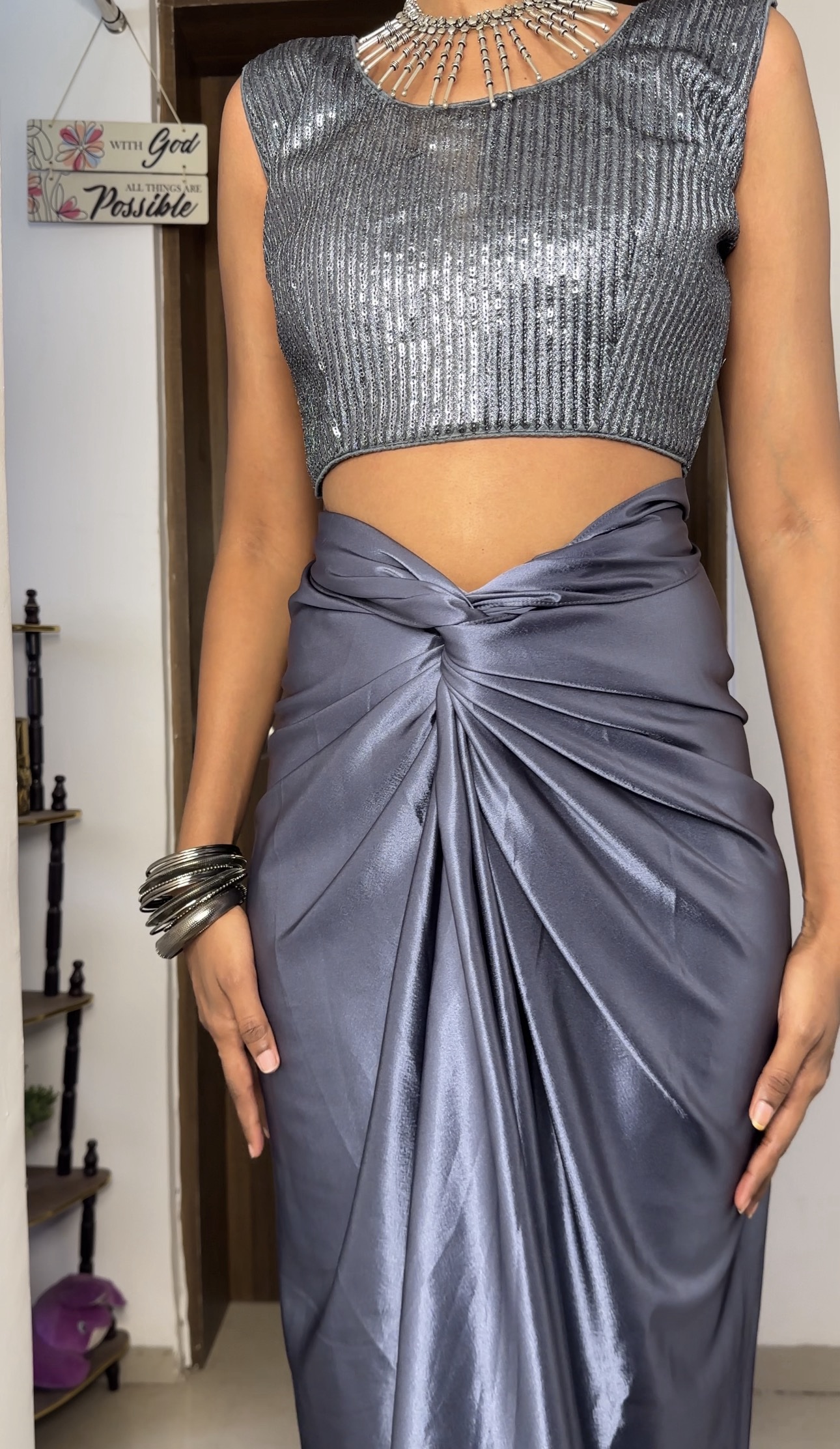 Grey Satin Multiway Long Skirt