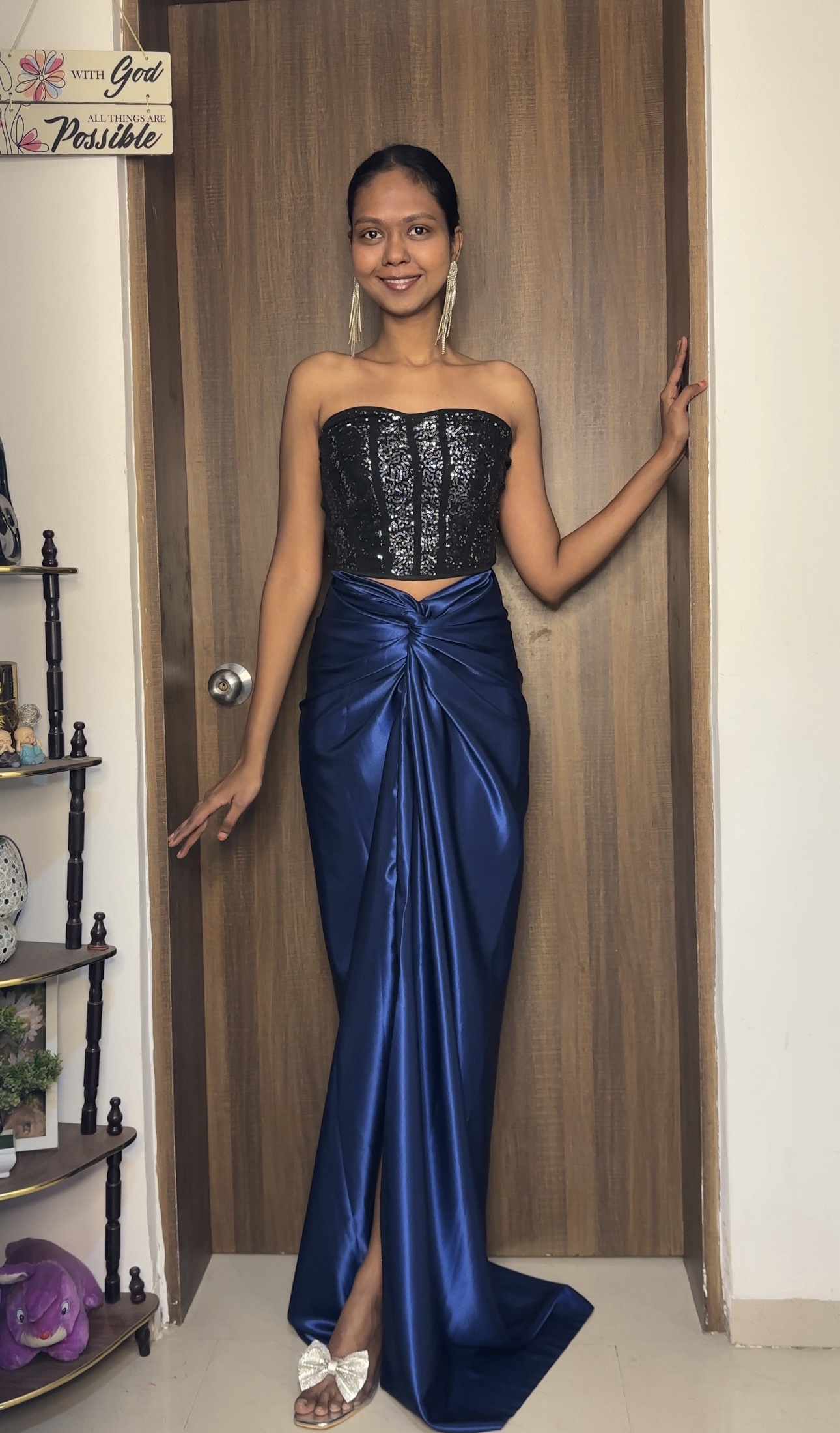 Navy Blue Satin Long Skirt