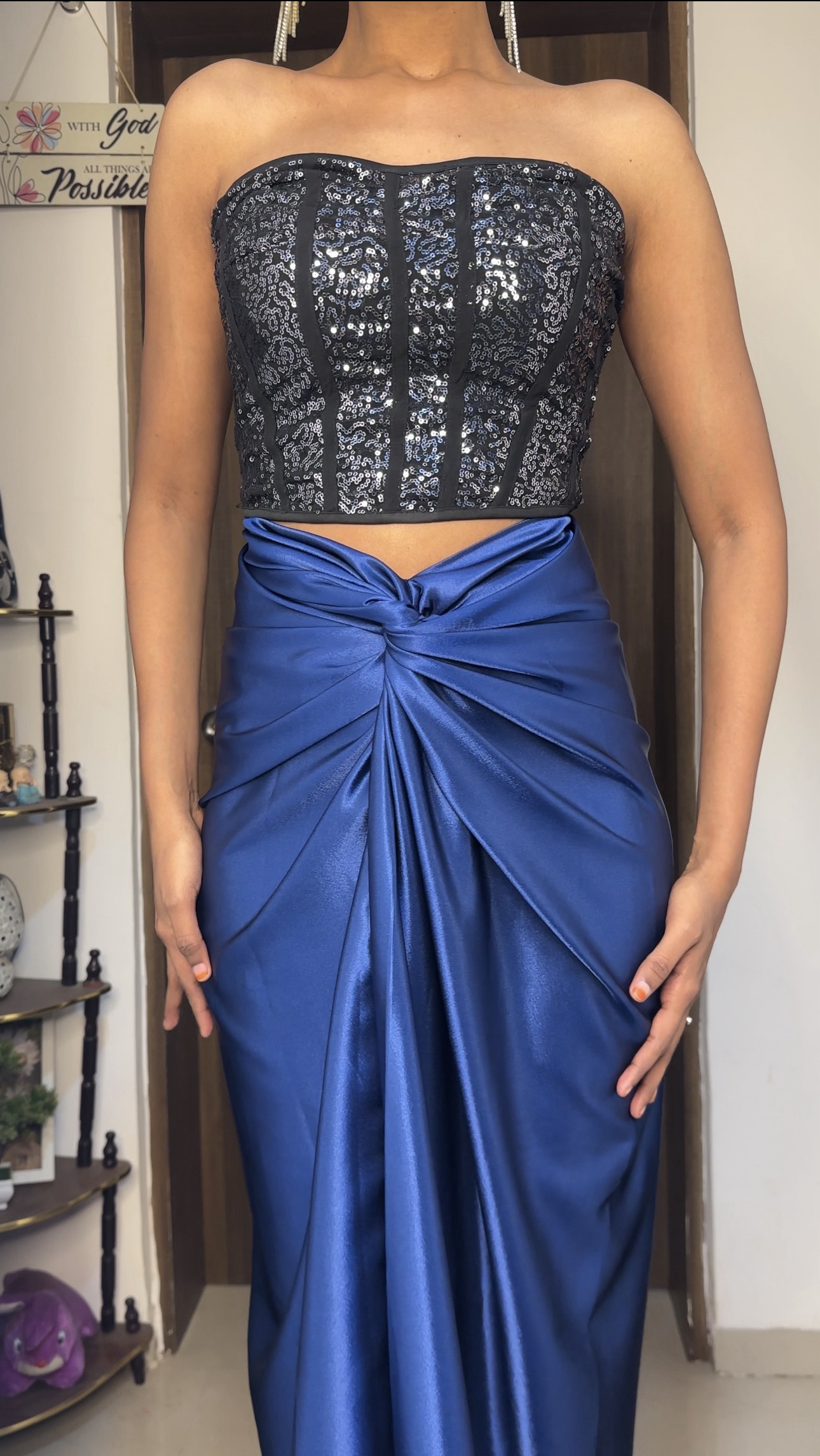 Navy Blue Satin Long Skirt