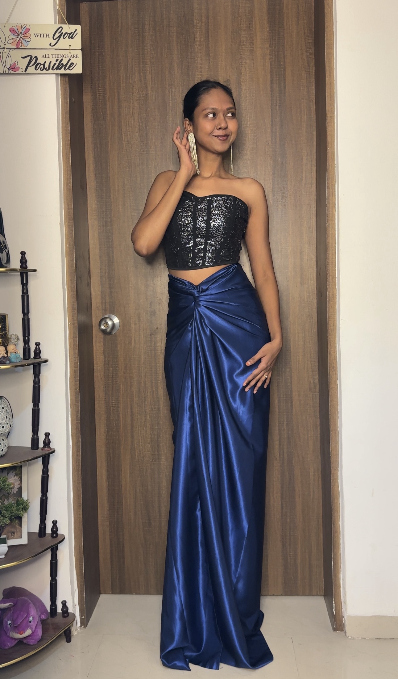 Navy Blue Satin Long Skirt