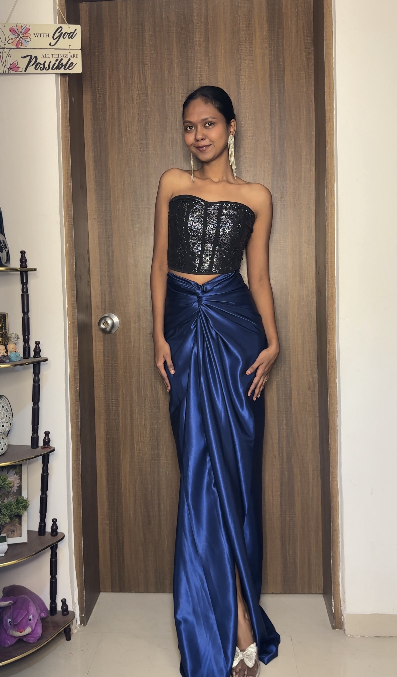 Navy Blue Satin Long Skirt