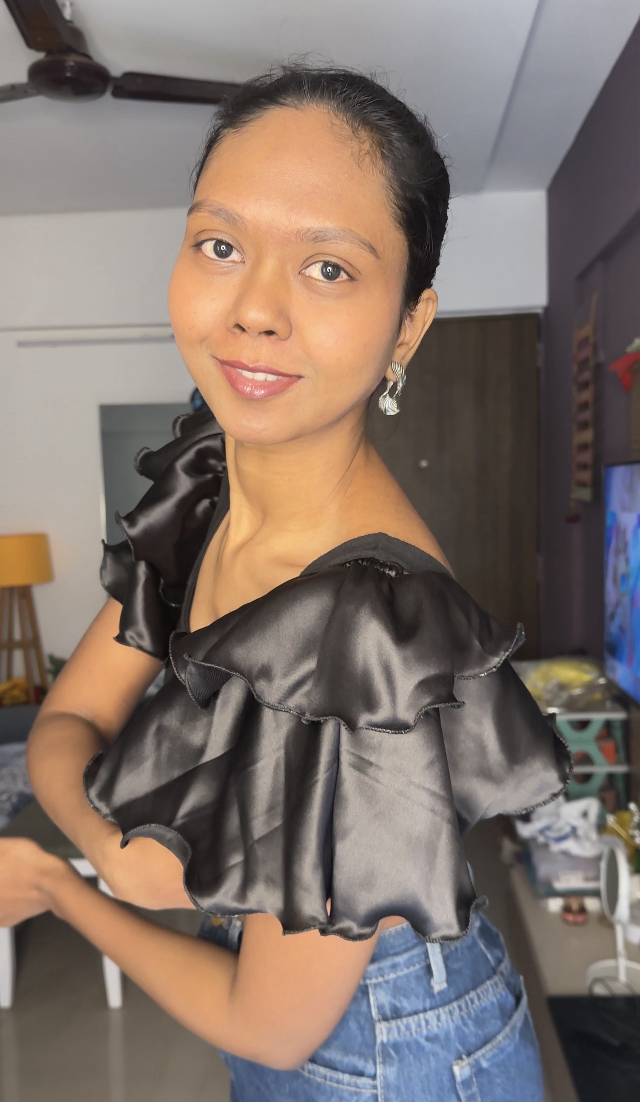 Black Satin Flute Sleeves