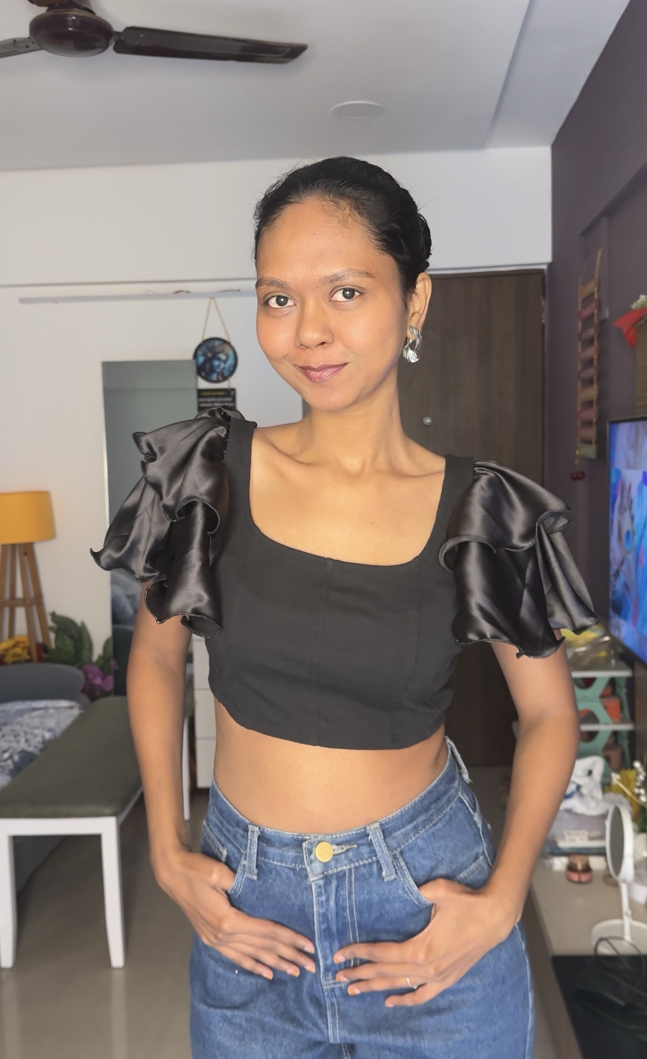 Black Satin Flute Sleeves