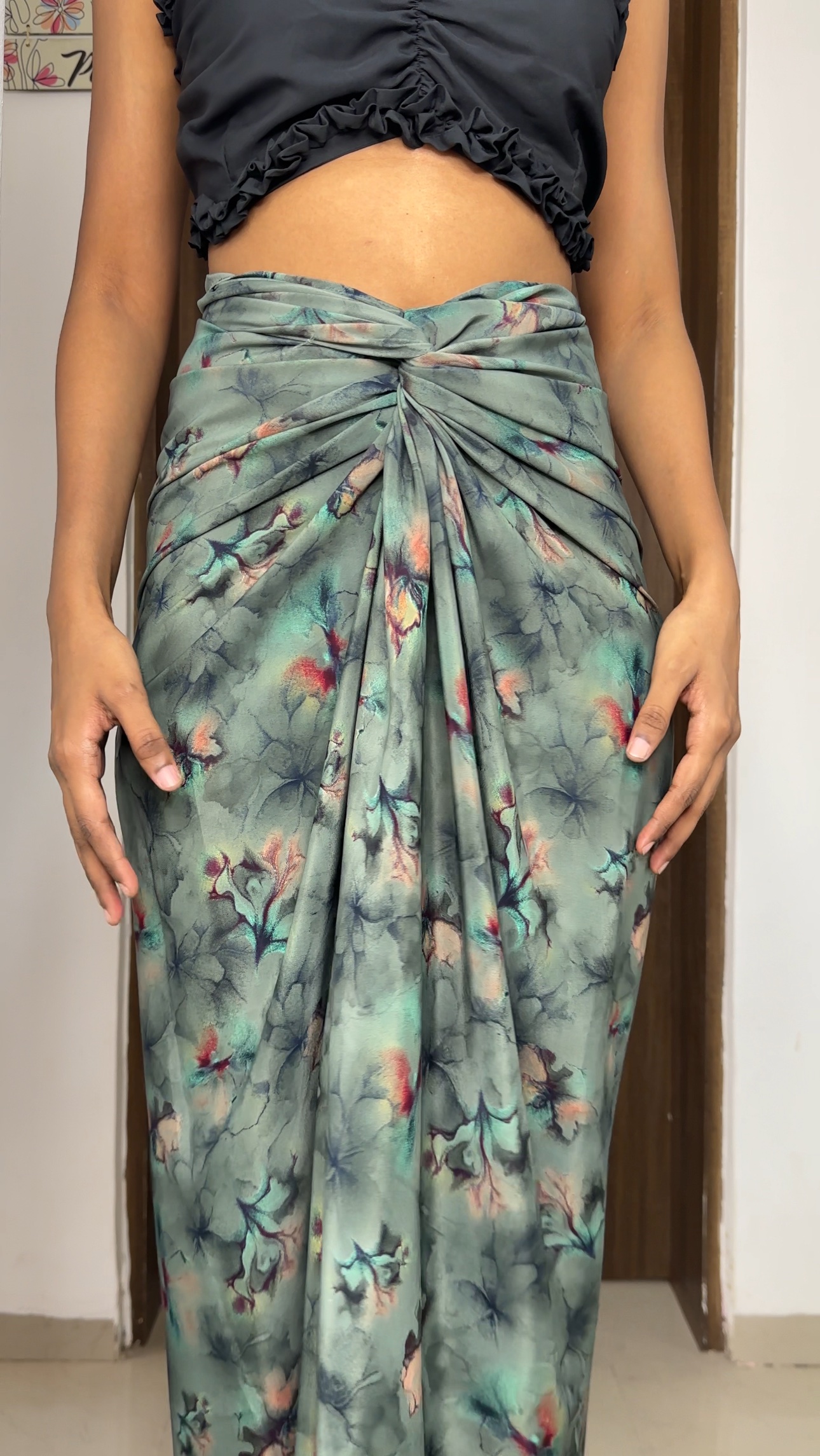 Dark Green Floral Satin Multiway Skirt