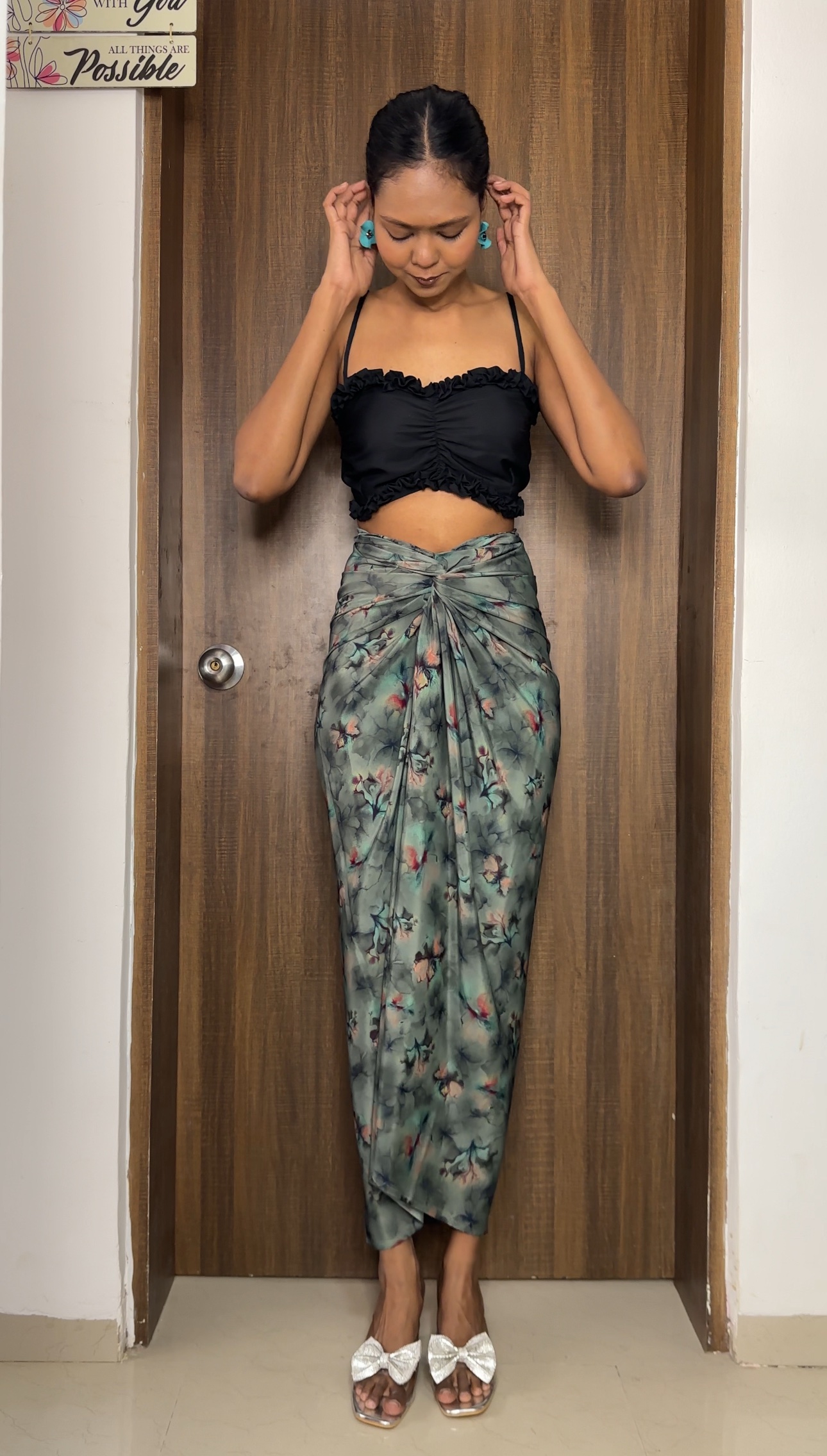 Dark Green Floral Satin Multiway Skirt