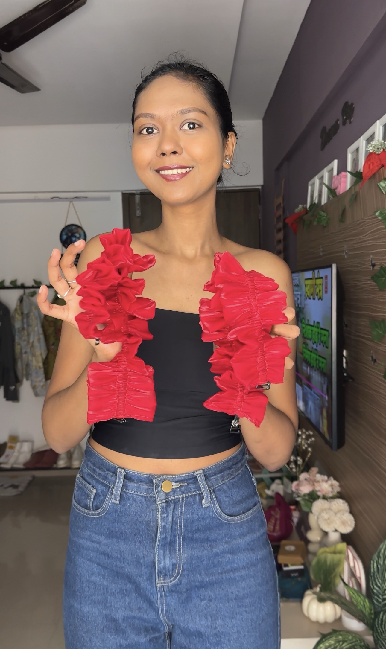 Red Organza Detachable Ruffle Bra Straps Sleeves