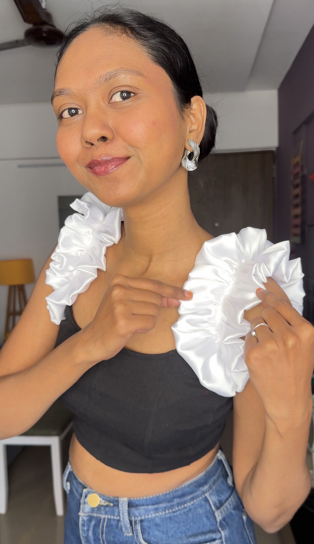 White satin ruffle sleeves