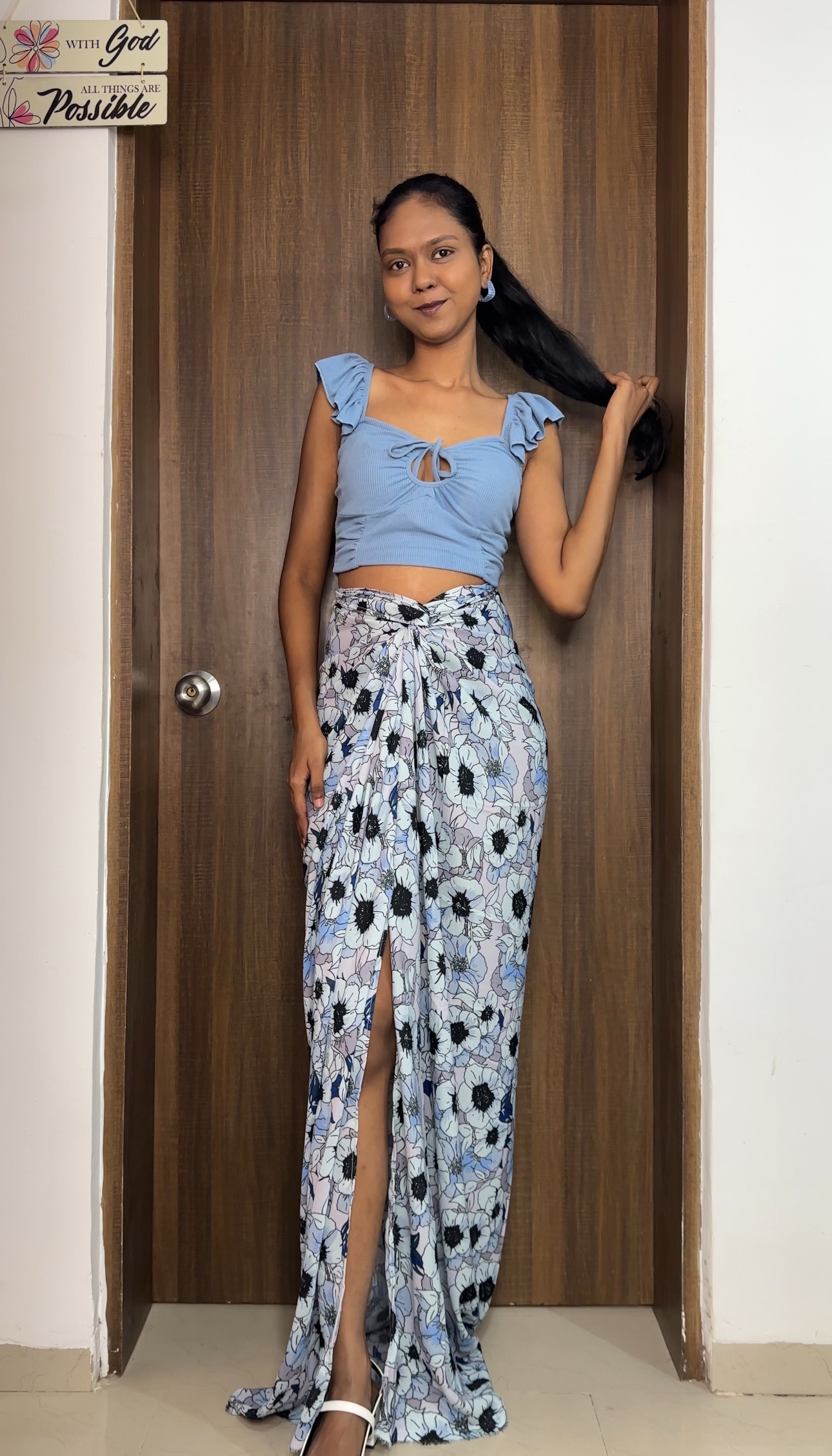 Blue Floral Georgette Long Skirt