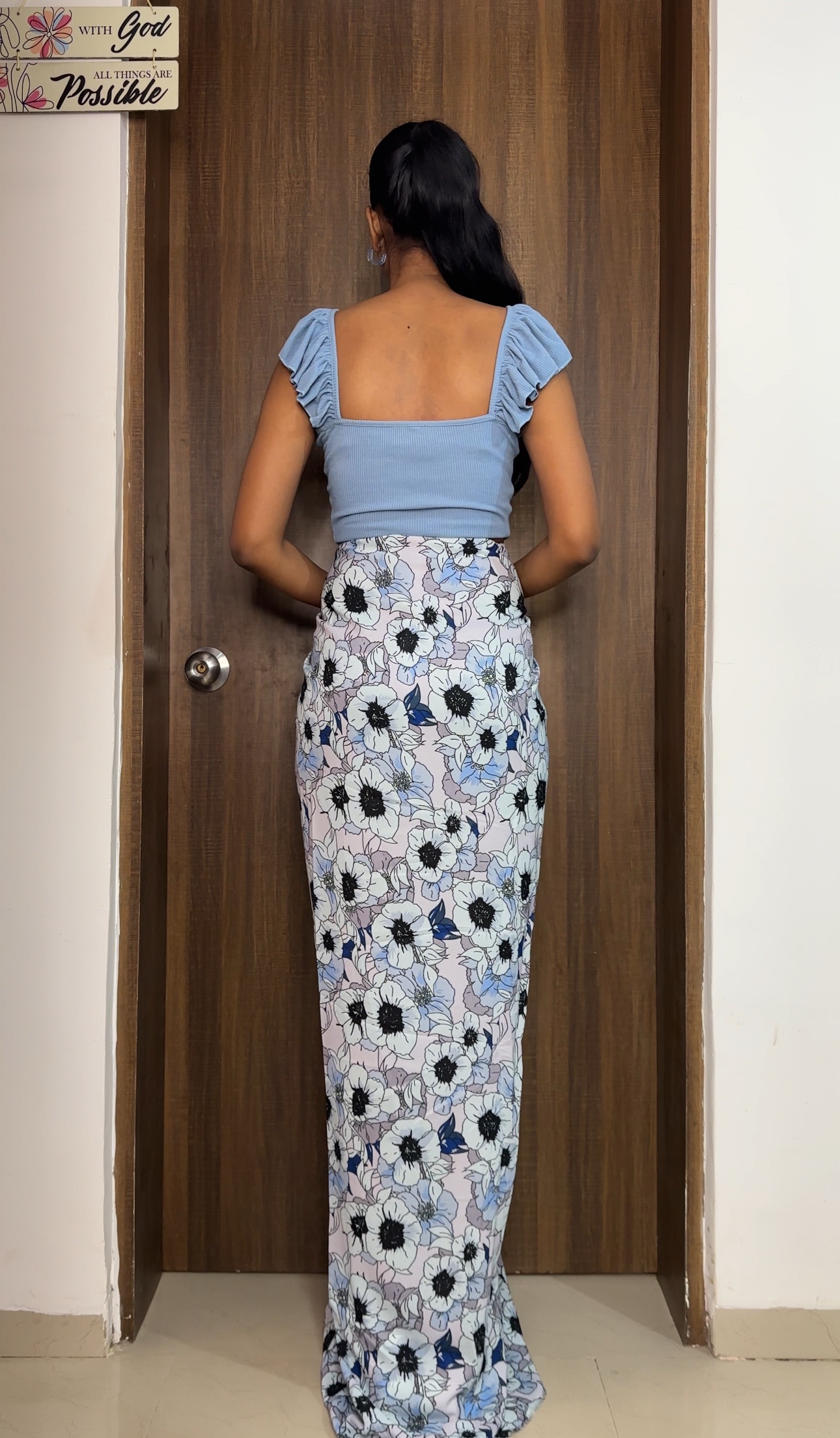 Blue Floral Georgette Long Skirt