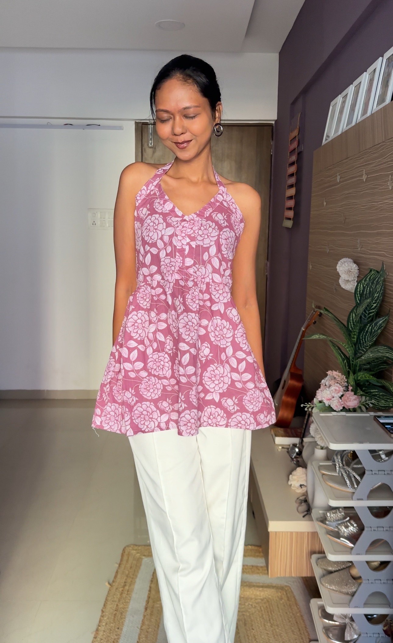 Pretty Coral Halter Neck Cotton Kurti